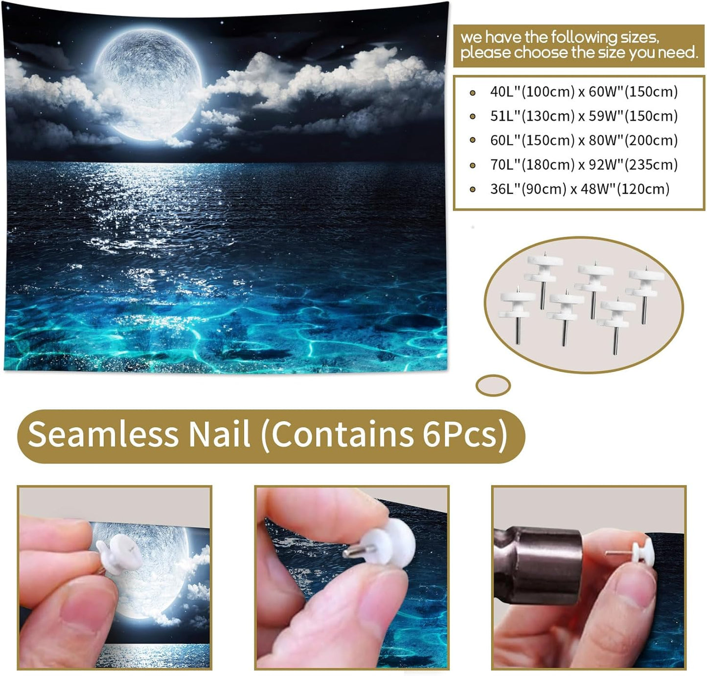 LB Moon Over Ocean Tapestry, Night Sky Tapestry Wall Hanging, 3D Fantasy Psychedelic Watercolor Wall Art for Bedroom Living Room Dorm Home Decor, 60 x 40 Inches