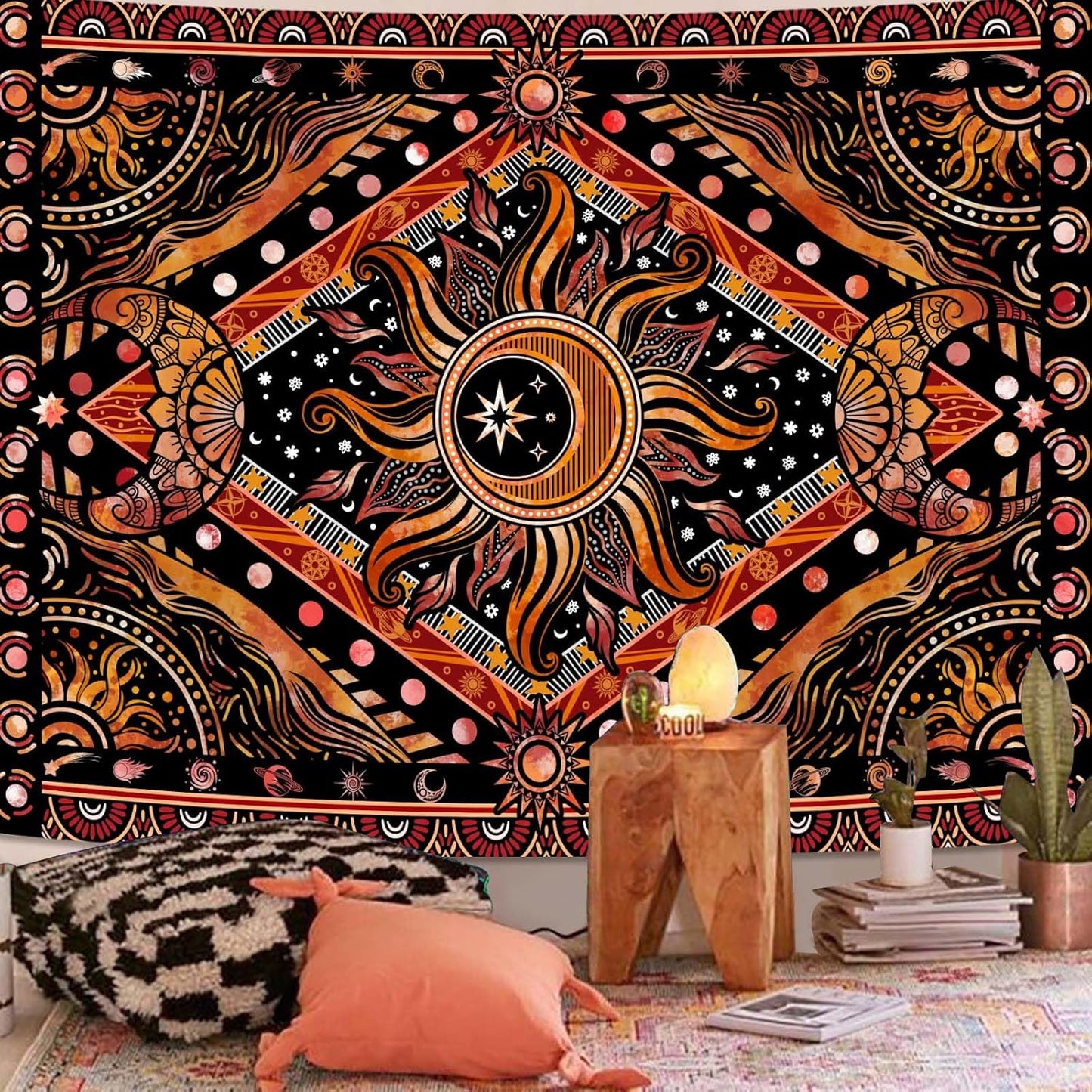 Lunerfex Hippie Sun and Moon Tapestry Bohemian Celestial Tapestry Aesthetic Tapestries for Bedroom and Living Room Decor Sun and Moon 70×90 Inches