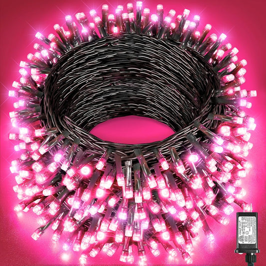 197FT 600 LED Christmas Lights Outdoor, Plug in Christmas Tree Lights 8 Modes, Waterproof Green Wire String Twinkle Lights for Indoor House Patio Garden Party Wedding Holiday Decorations, Pink