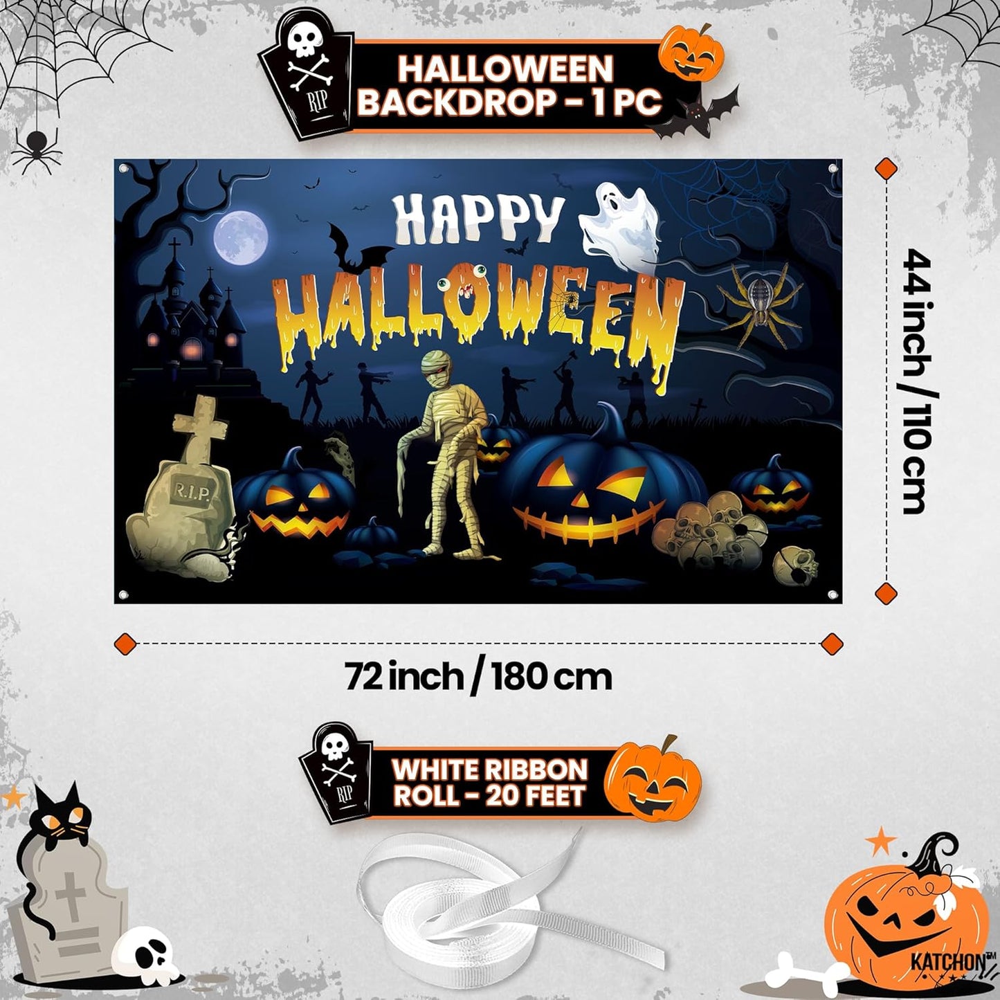 KatchOn Spooky Happy Halloween Banner - XtraLarge, 72x44 Inch | Pumpkin Backdrop for Parties, Party Decorations | Blue Photo Backdrop, Skull Decorations Indoor