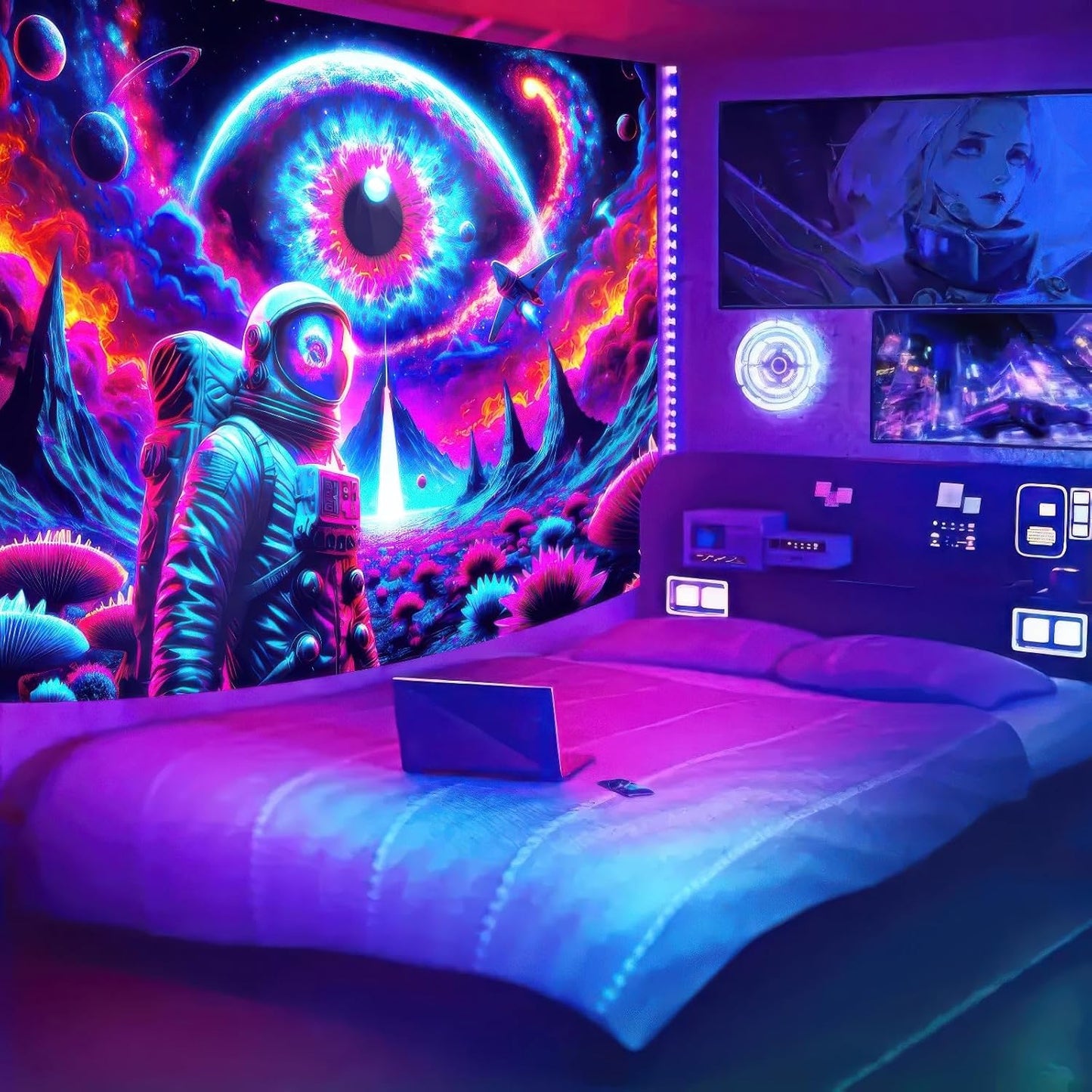 BlissYard Blacklight Astronaut Tapestry UV Reactive Tapestry 78x59 Inch Black Light Galaxy Planet Tapestry Glowing Tapestry Large Neon Tapestry Wall Hanging for Home Living Room Bedroom Decor