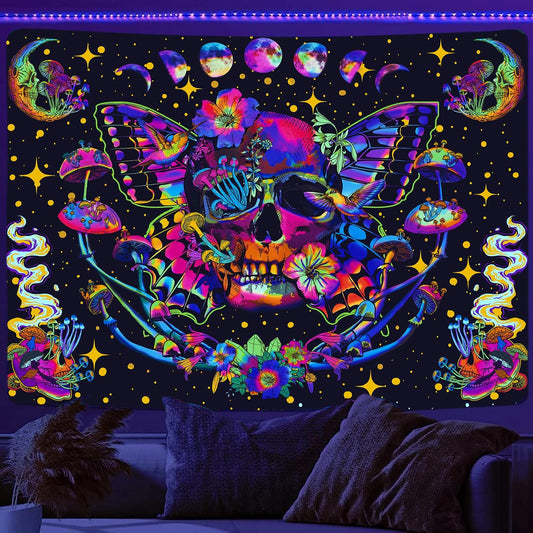 Xiaoput Blacklight Skull Tapestry, UV Reactive Mushroom Butterfly, Aesthetic Moth Moon Flowers, Hippie Skeleton Wall Hanging for Bedroom, Living Room, Home, Dorm 40x30IN