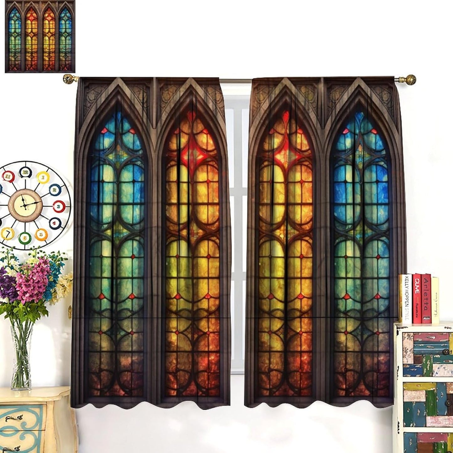 Stained Glass Curtains,Mid Century Vintage Style Abstract Art Home Decor Drapes for Bedroom Living Room Kitchen Window Treatment 2 Panels Set Total Size 42" W X 45" L Inch