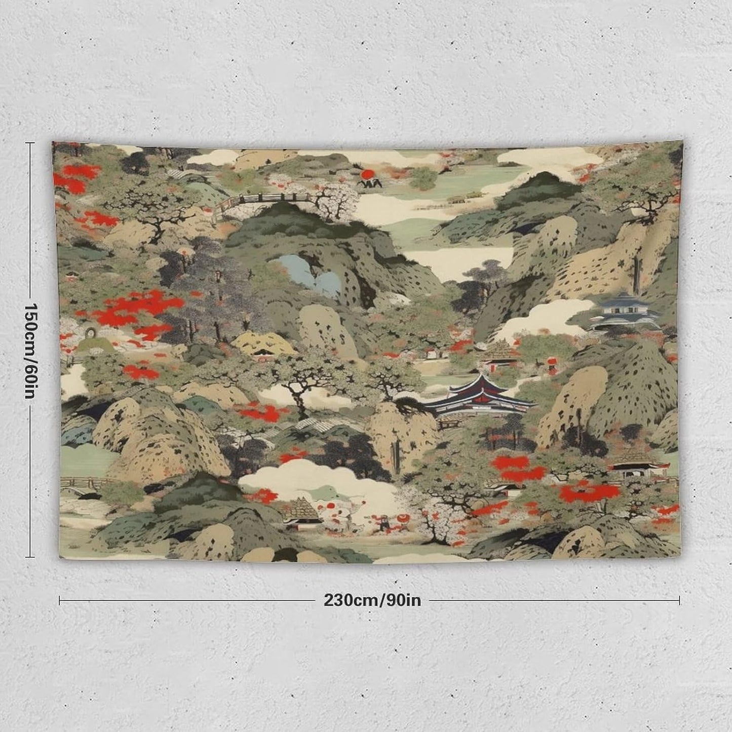 Asian Tapestry,Japanese Red Landscape Asian Watercolor Abstract Art Tapestry, Asian Japanese Wall Tapestry, Nature Landscape Tapestries for Bedroom Living Room Decor 90"x60"