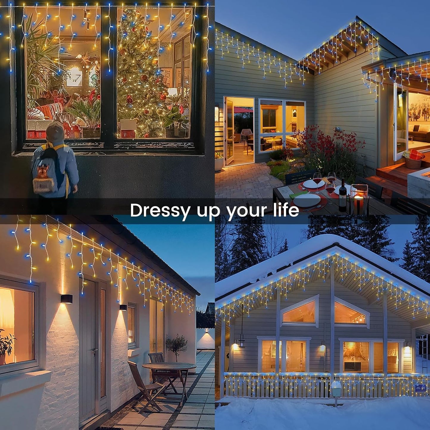 200ct Blue&Clear Mini Icicle Christmas Lights, 23FT White Wire Incandescent Bulb String Lights, Connectable Indoor Outdoor for Eaves, Window, Curtain, Party, Wedding