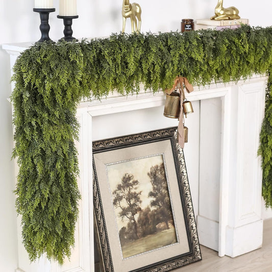 9FT Real Touch Cedar Garland for Fireplace - Artificial Christmas Garlands Realistic Faux Greenery Fake Pine Needles Garland for Holiday,Table, Window,Mantel,Stairs, Home,Indoor Outdoor Decor (1PCS)