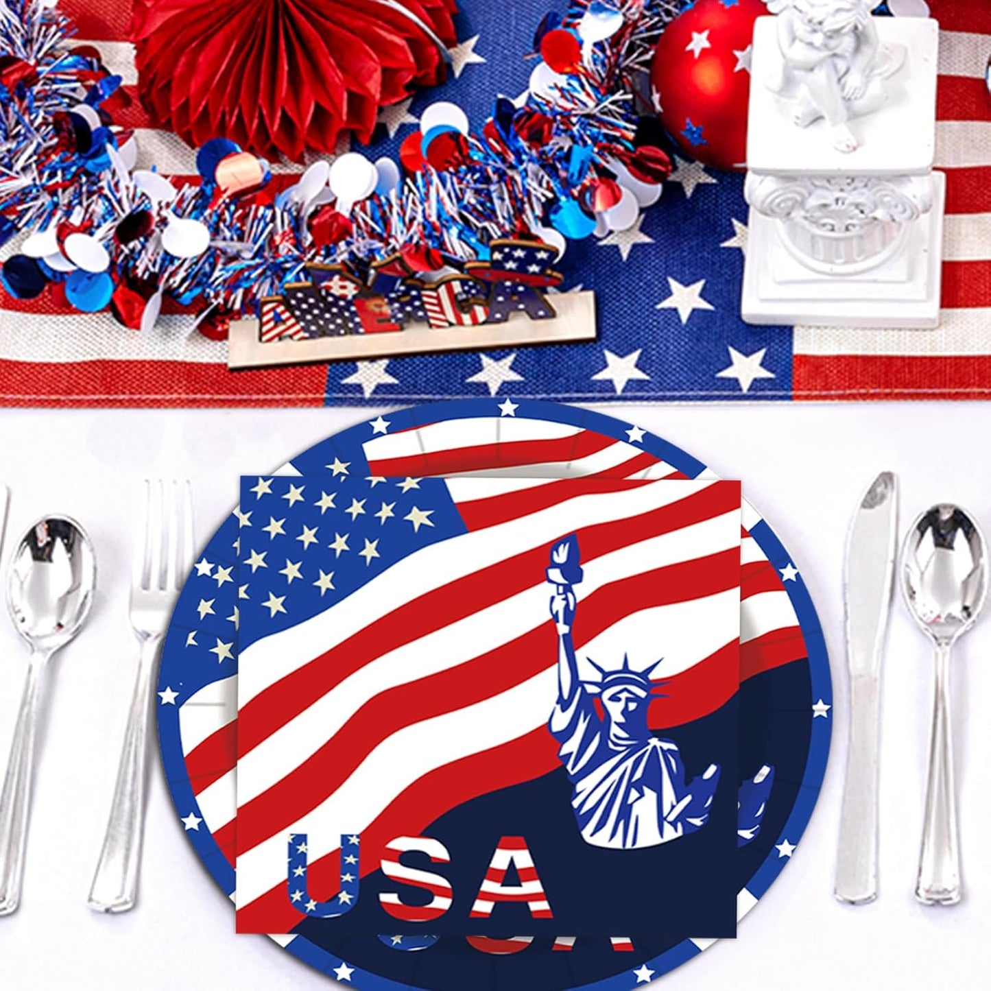 40 pcs Patriotic 4th of July Decorations Party Dessert Plates and Napkins Sets 9" Paper Plates 20 pcs and 6.5" Napkins 20 pcs Red White and Blue Party Supplies Tableware