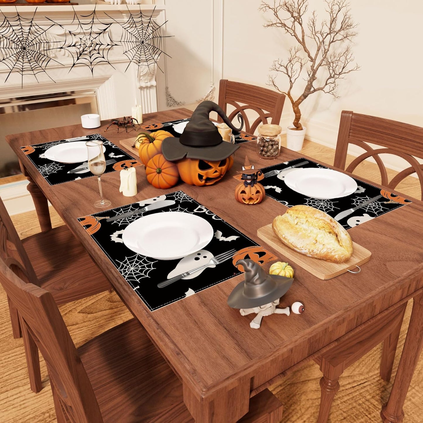 XCHI BOO Spooky Ghost Pumpkin Halloween Cloth Placemats Set of 8 Table Mats Table Decorations 12x18 Inch