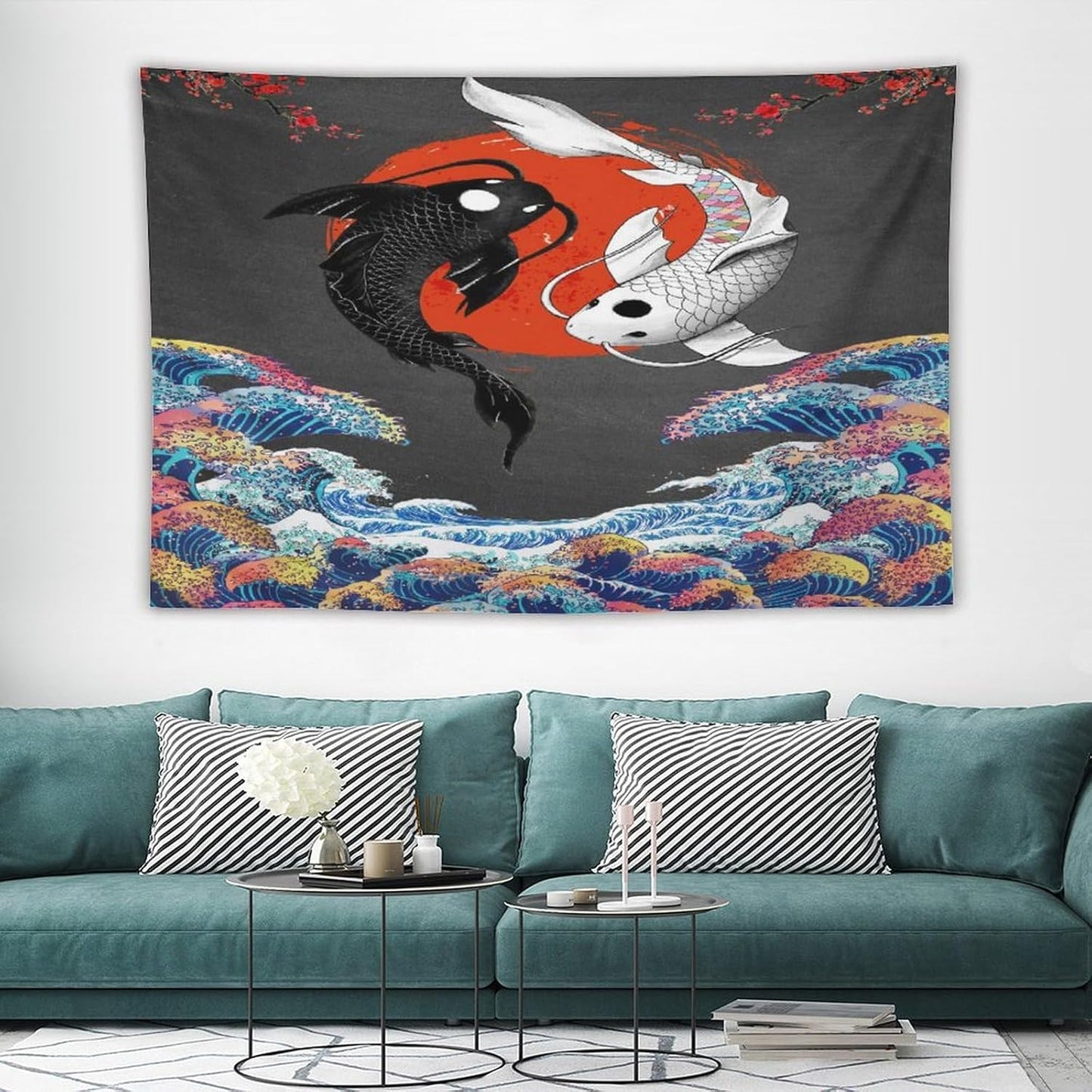 Houselerax Japanese Koi Fish Tapestries, Yin Yang Big Wave Cherry Blossom Tapestry Wall Hanging for Bedroom Living Room Office Decor 60"x40"