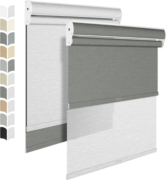 BERISSA Cordless Dual Roller Shades with Cassette Valance, Double Window Shades - Blackout and Light Filtering - Day and Night - Home Office/Door - Grey and White (66 W x 48" H)