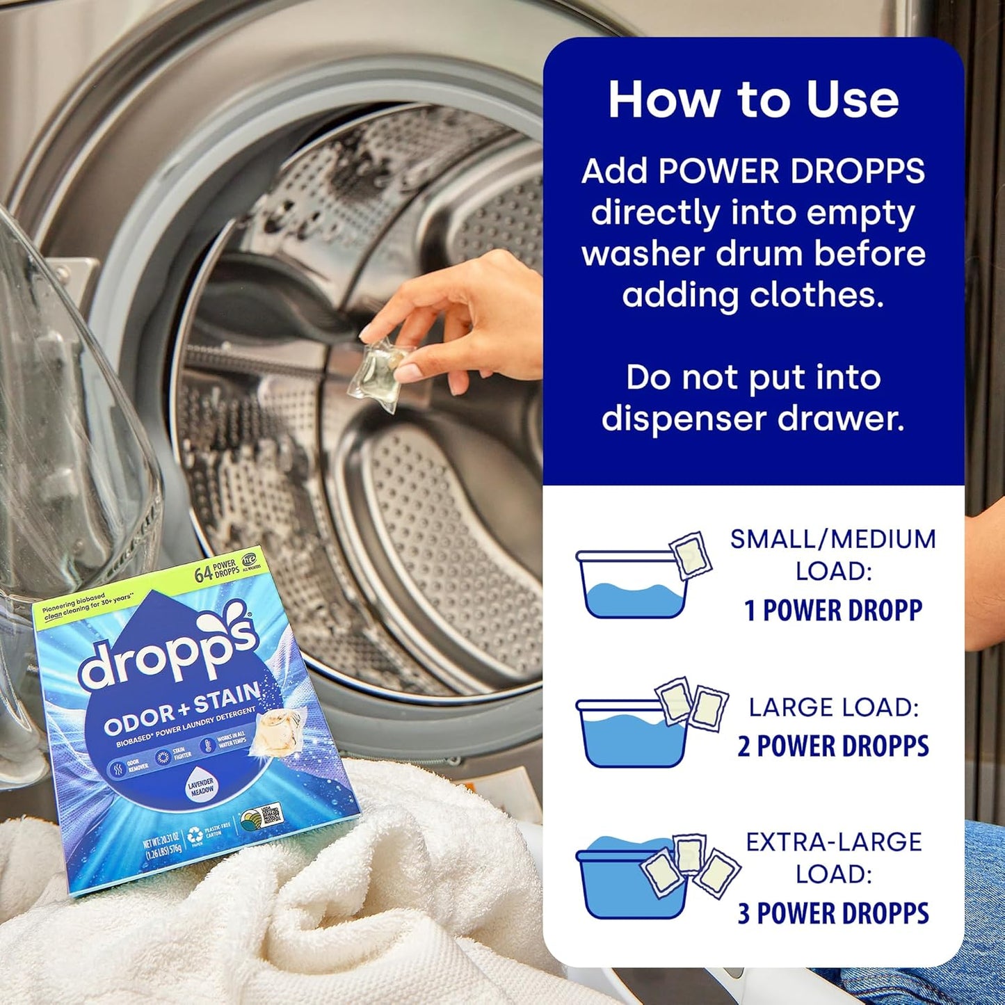 Dropps Odor & Stain Biobased Power Laundry Detergent Pods, Lavender Meadow (64 Count) - HE Compatible Laundry Pods for Fresh Clothes - Washing Detergent Soap Supplies & Recyclable Paperboard Packaging