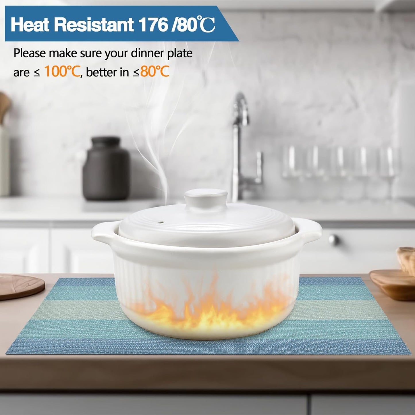 Placemats Set of 8 - Easy Clean Washable Vinyl Placemats - Wipeable Heat Resistant Table Mats for Dining Table - 17.7x11.8 Inch (8, Blue Gradient)