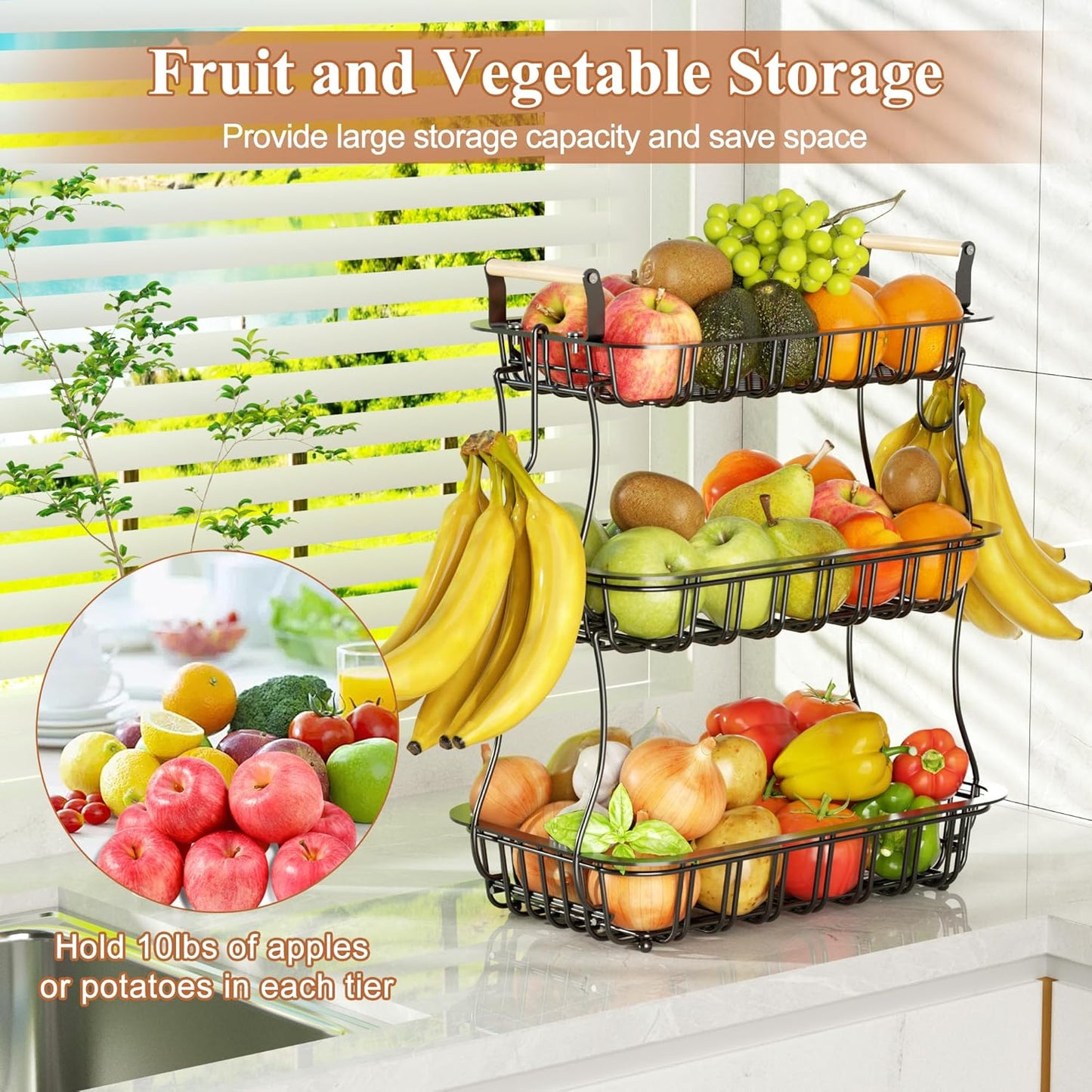 3 Tier Fruit Basket for Kitchen Counter, Fruit Bowl with 2 Banana Hooks Mesh Top, Multifunctional Detachable Sturdy Kitchen Storage Organizer for Vegetables Snacks Onion Potato, Black