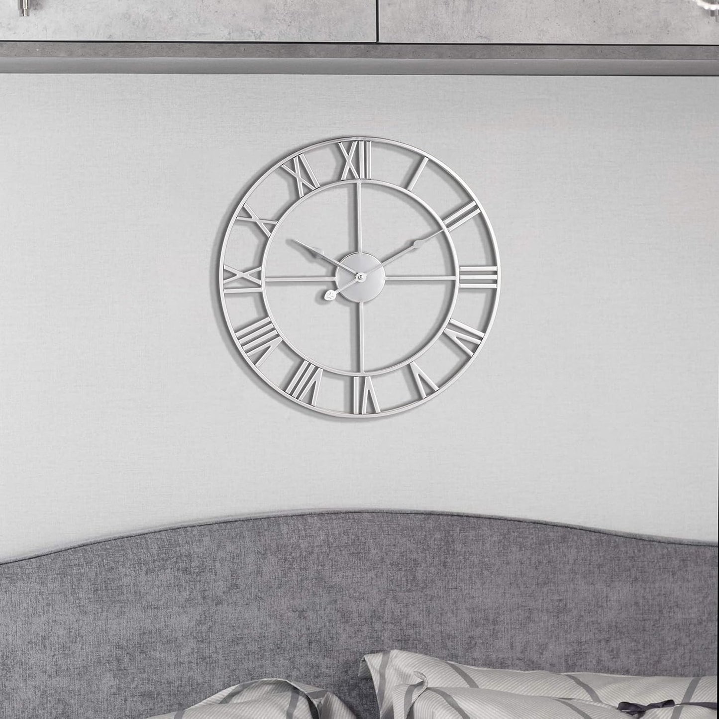 LEIKE 16" Modern Large Wall Clocks,Vintage, Round,Silent Non Ticking,Battery Operated,Silver Metal Roman Numerals Clock for Living Room/Bedroom/Kitchen Decor
