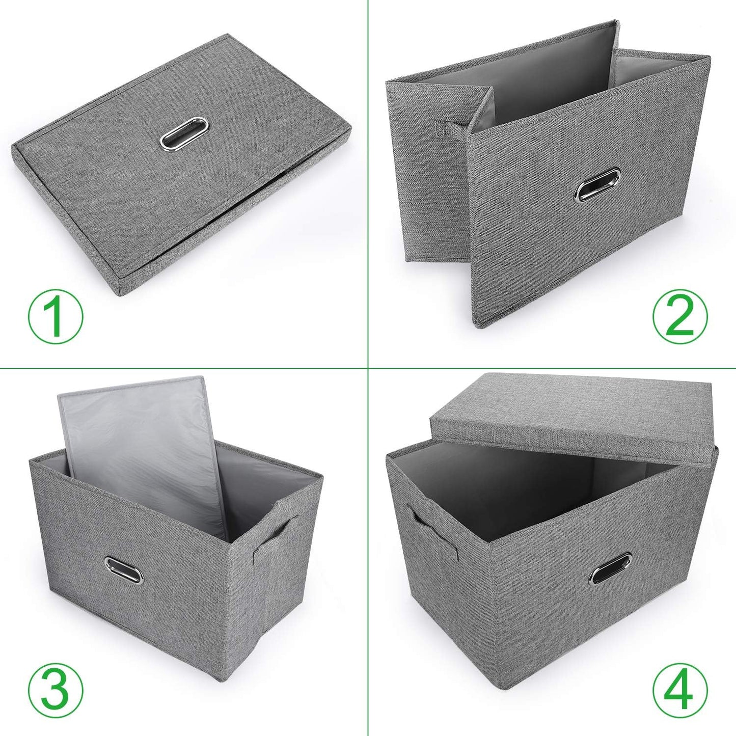 Large Linen Collapsible Storage Bins with Removable Lids and Handles, Washable Storage Box Containers Baskets Cube with Cover for Bedroom,Closet,Office,Living Room,Nursery (Green, Large)