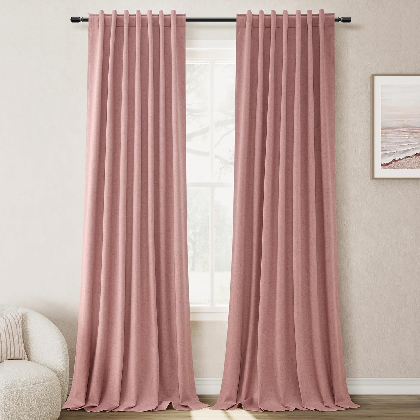 BOODII 100 Inch Blackout Curtains 2 Panels Set Back Tab Rod Pocket Thermal Insulated Blush Pink Linen Black Out Curtains Noise Reducing Living Room Darkening Window Drapes Linen Textured 52x100
