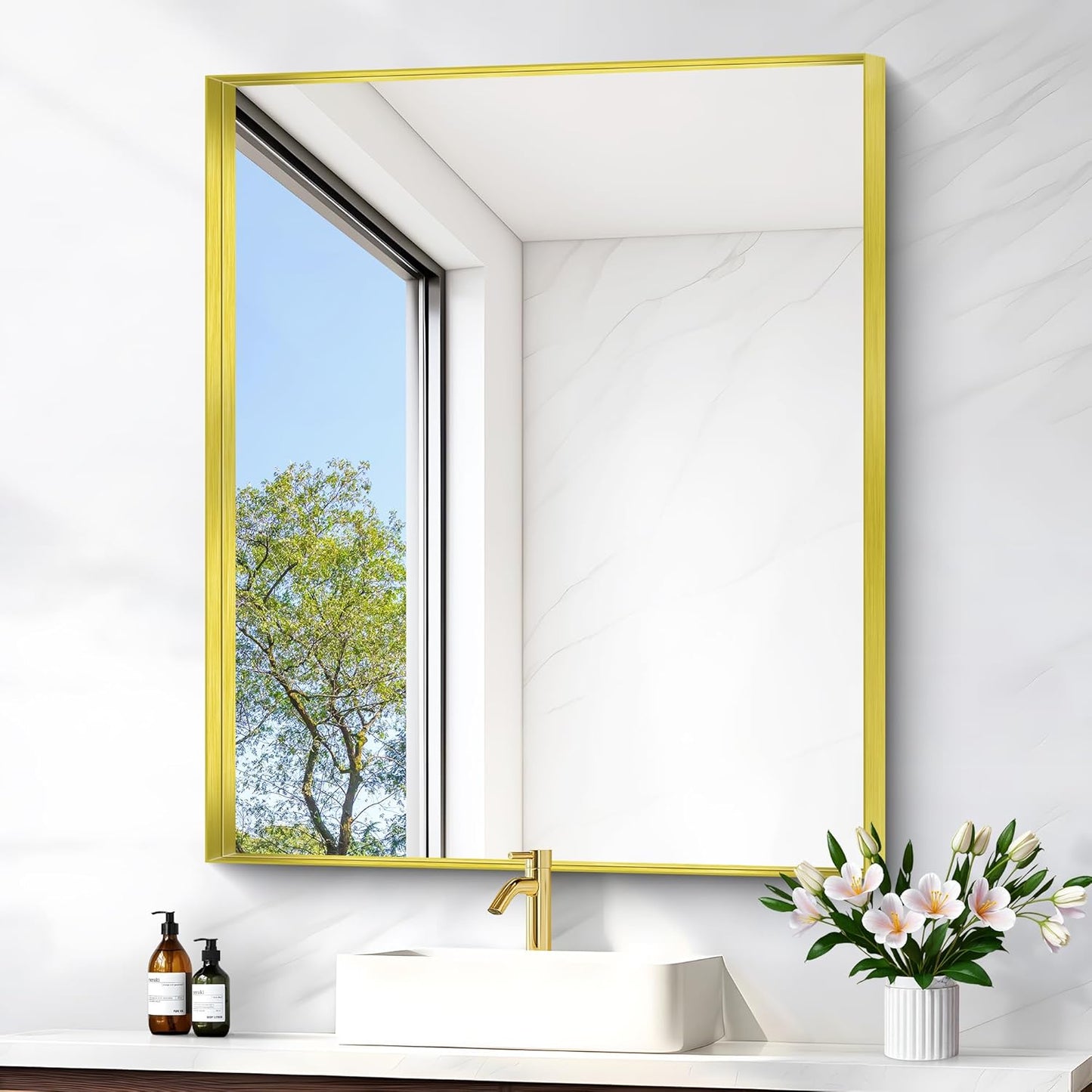 Gold Bathroom Mirror, 30x36 Inch Rectangular Framed Mirror, Large Wall Mounted Bathroom Vanity Mirror Over Sink for Bedroom,Restroom, Living Room, Hangs Vertically or Horizontally