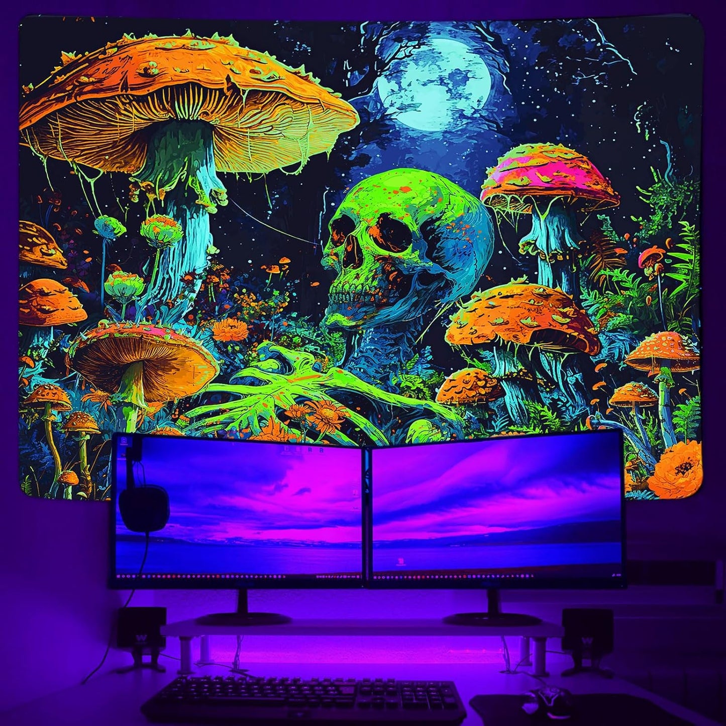 Xiaoput Blacklight Skull Wall Art, Black Light Skeleton Tapestry for Bedroom, UV Reactive Neon Gothic Tapestry for Men, Glow in Dark Trippy Forest Wall Hanging for Home Decor 60x40IN