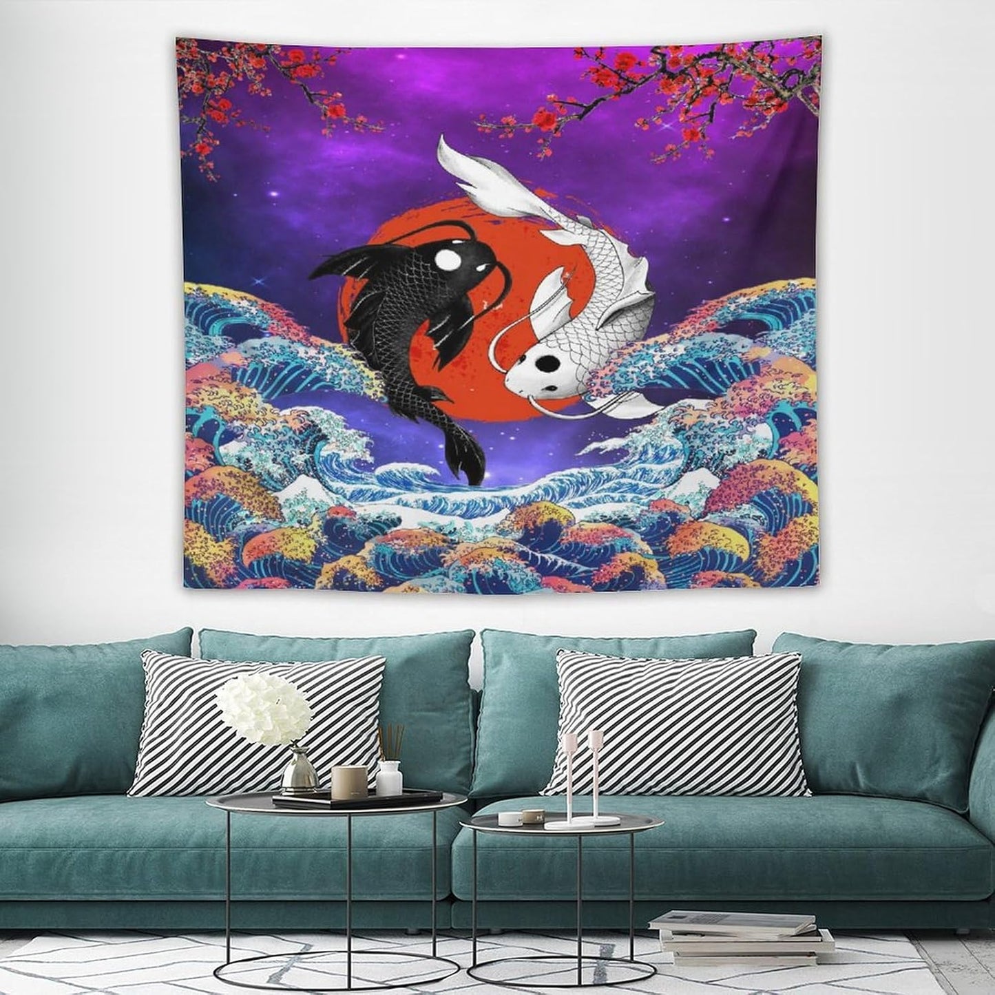 Houselerax Japanese Koi Fish Tapestry, Yin Yang Big Wave Cherry Blossom Tapestries Wall Hanging for Bedroom Living Room Office Decor 60"x50"