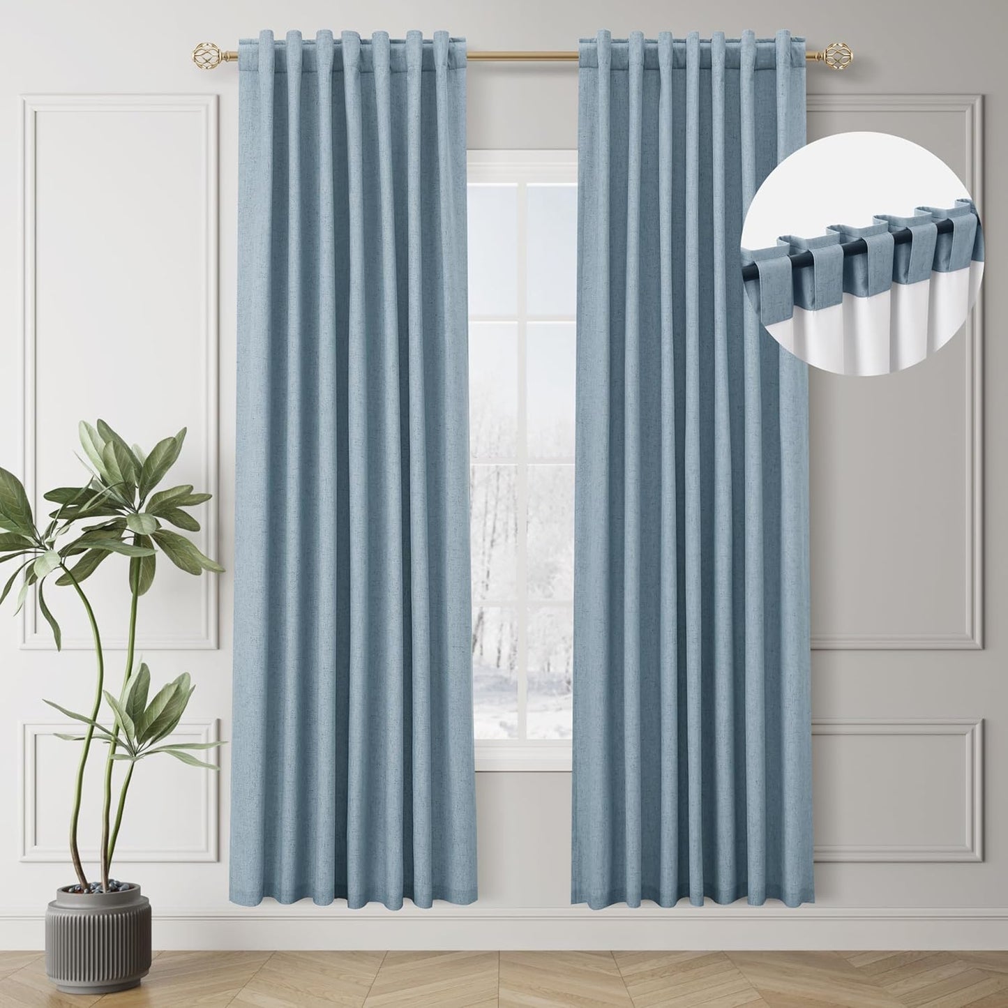 BOODII Blue Black Out Curtains 80 Inch Long for Bedroom Window Room Darkening Full Light Blocking Curtains Back Tab Neutral Elegant Nursery Baby Blackout Curtain Thermal Insulated Linen Drapes 52x80