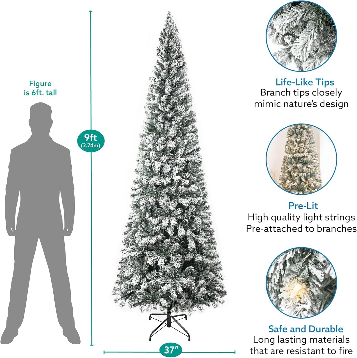 Naomi Home Salzburg 9ft Frosted Prelit Slim Artificial Christmas Tree with 1455 Branch Tips, 500 Warm Lights and Metal Stand, 37" Wide Realistic Snow Flocked Skinny Pencil Christmas Tree