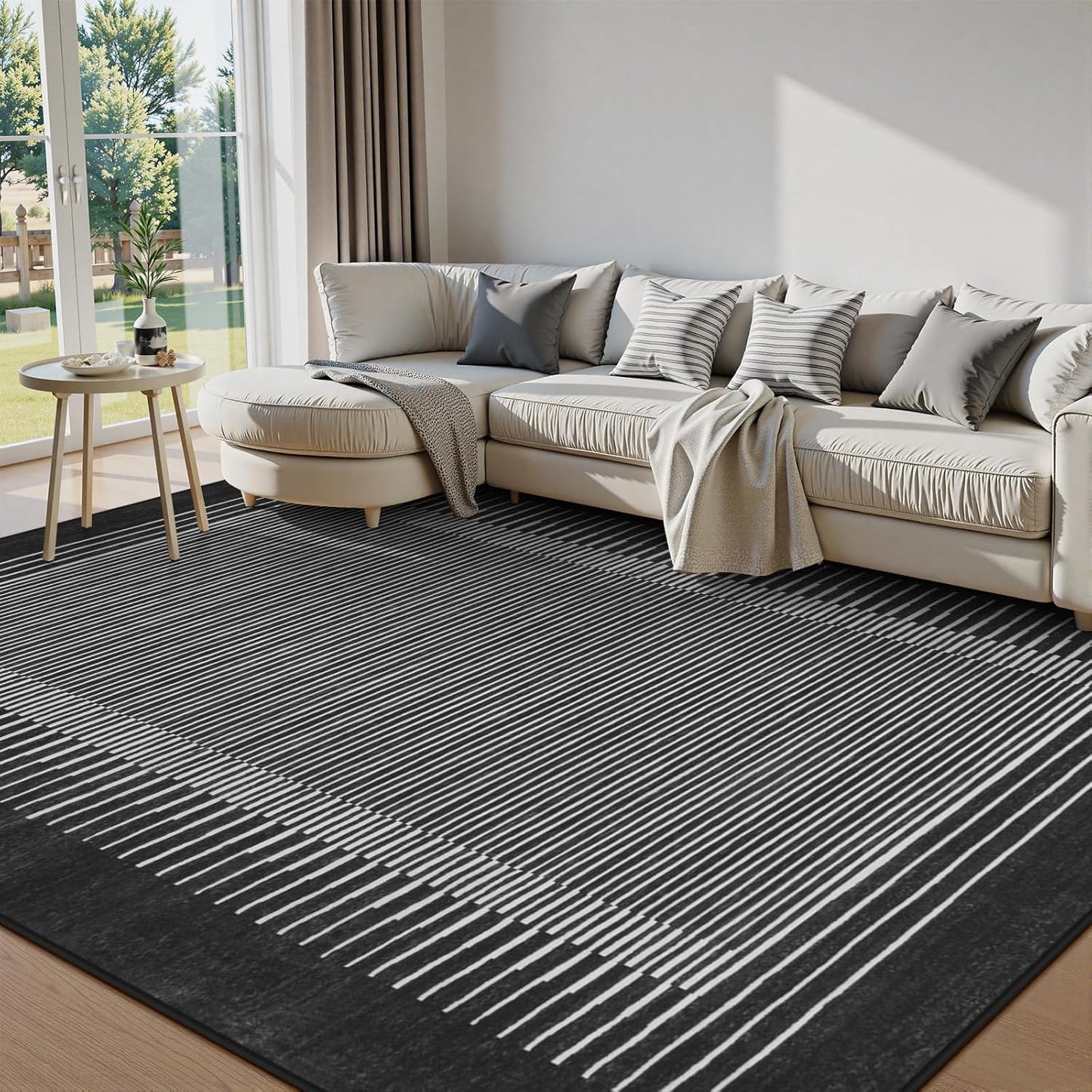 Wonnitar Striped Black Area Rugs 9x12 Living Room, Non-Slip Soft Berber Stripe Bedroom Rug, Low Pile Minimalist Floor Carpet for Dining Room Living Room Department (Black,9' x 12')