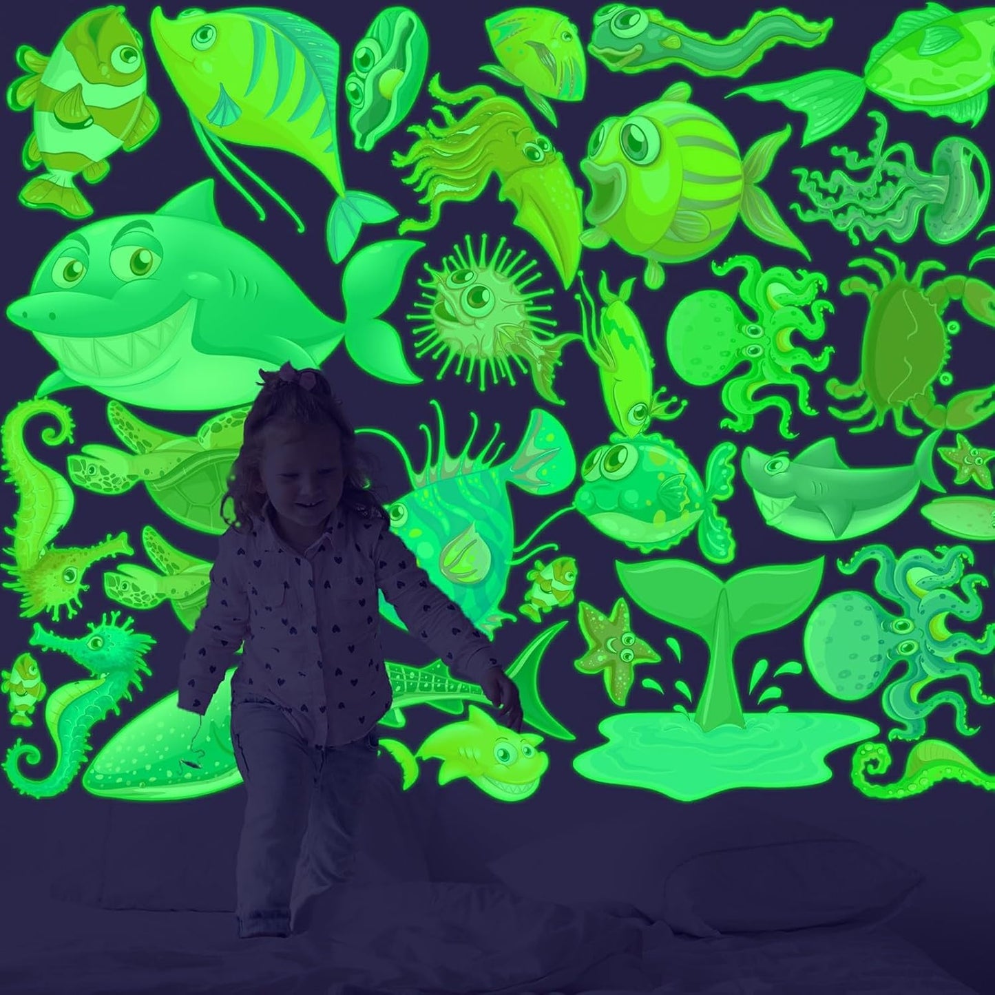 Glow in The Dark Ocean Fish Stickers, 36 PCS Glowing Luminous Sea Life Animals Wall Decals Under The Sea Ceiling Stickers for Kids Boys Girls Bedroom Nursery Playroom Party Room Decor