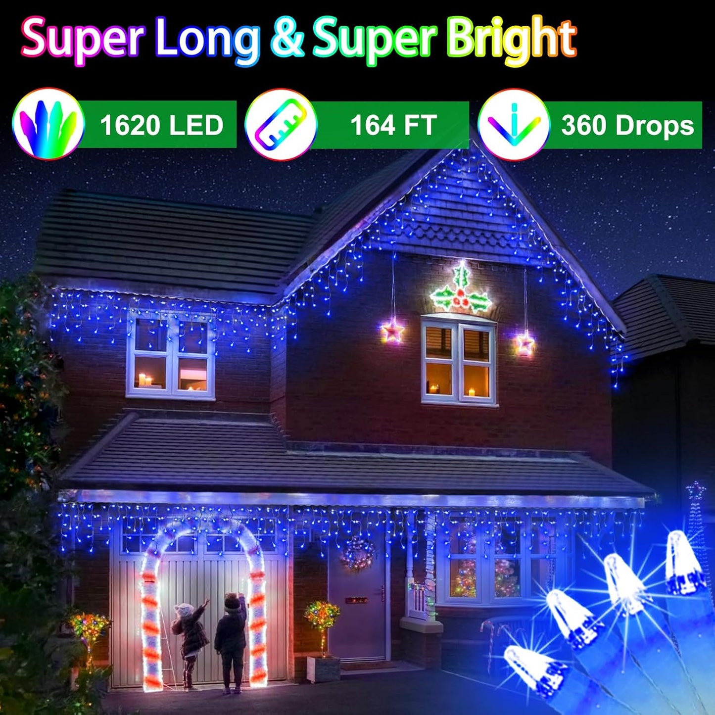 1620 LED Christma Lights with 360 Drops, 164ft Outdoor Hanging lights with 8 Modes & Timer Memory, Outsite Waterproof Curtain String Lights for Front House Fence Tree Holiday Decorations Blue