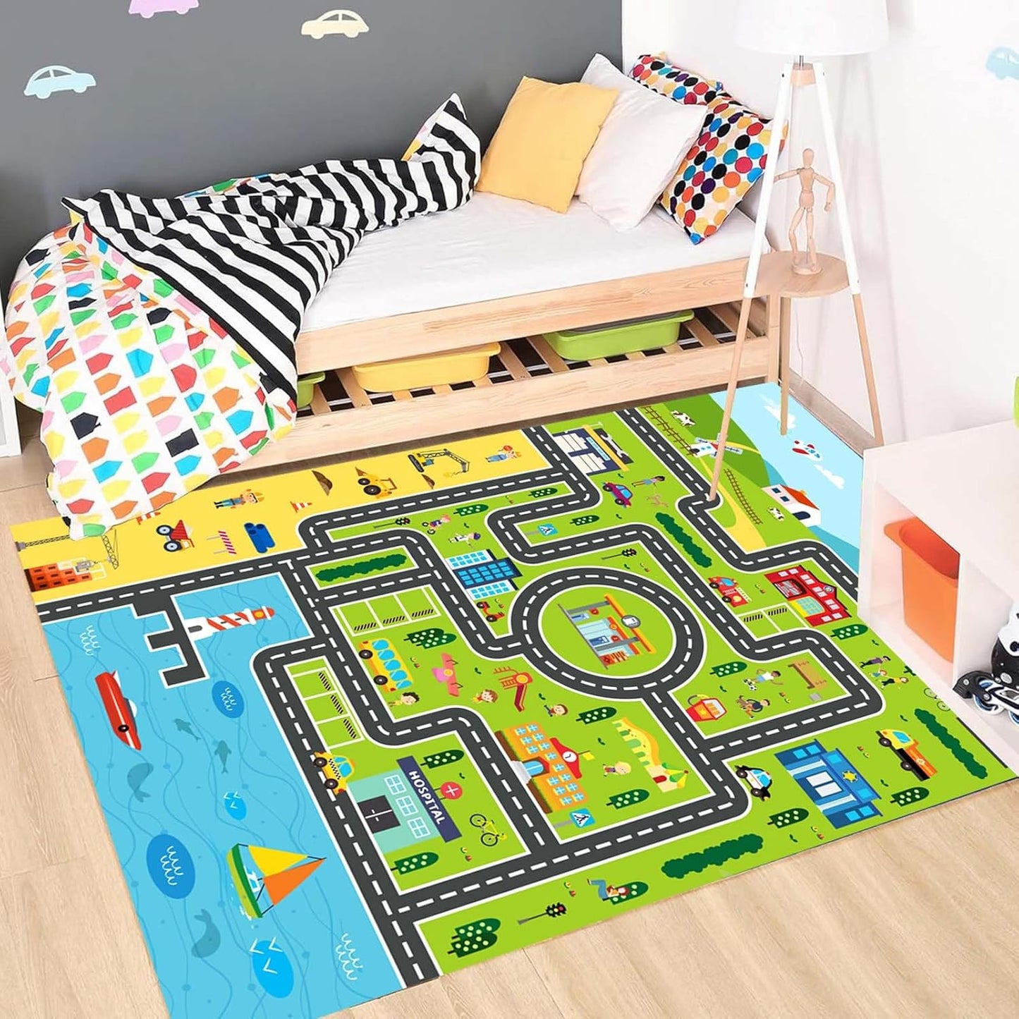 Kids Rug Playroom Car Rug Play Mat City Life Road Rugs Fun City Map for Kids Toy Cars Carpet for Bedroom Boys (Green-Rug, 5.2x7.9ft)