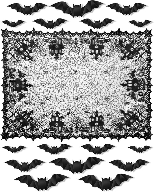 eZAKKA Halloween Table Cloth with 16 Pcs Bats Wall Decor, Spider Web Table Cloth Black Tablecloth Lace Fabric Table Cloths for Rectangle for Parties Gothic Spooky Home Decorations, 53x68 Inch