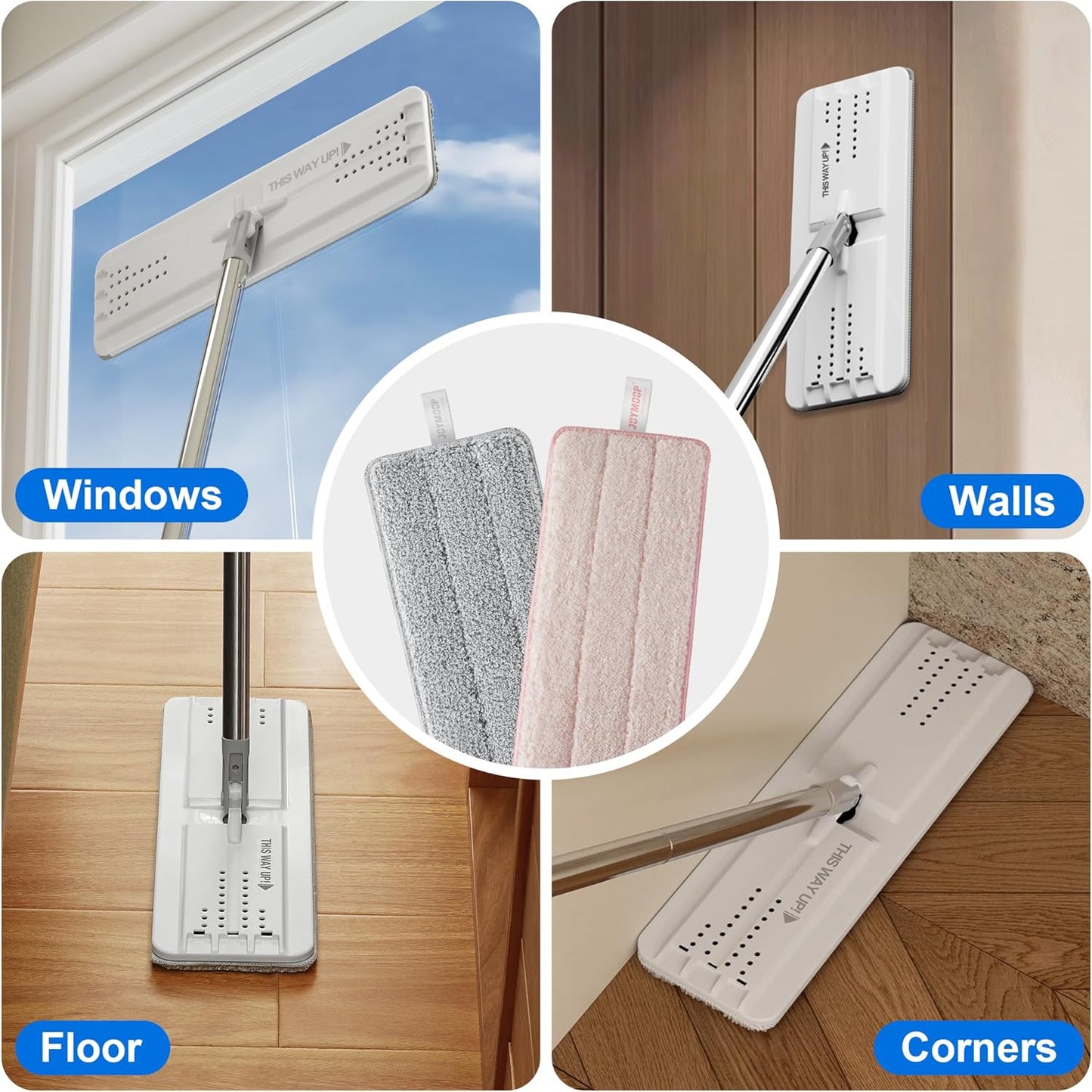 JOYMOOP Mop Replacement Pads, Reusable Microfiber Mop Pads for 13-inch Flat Mop and Mop Bucket Set, Pack of 2 Refills - Stripe and Pink