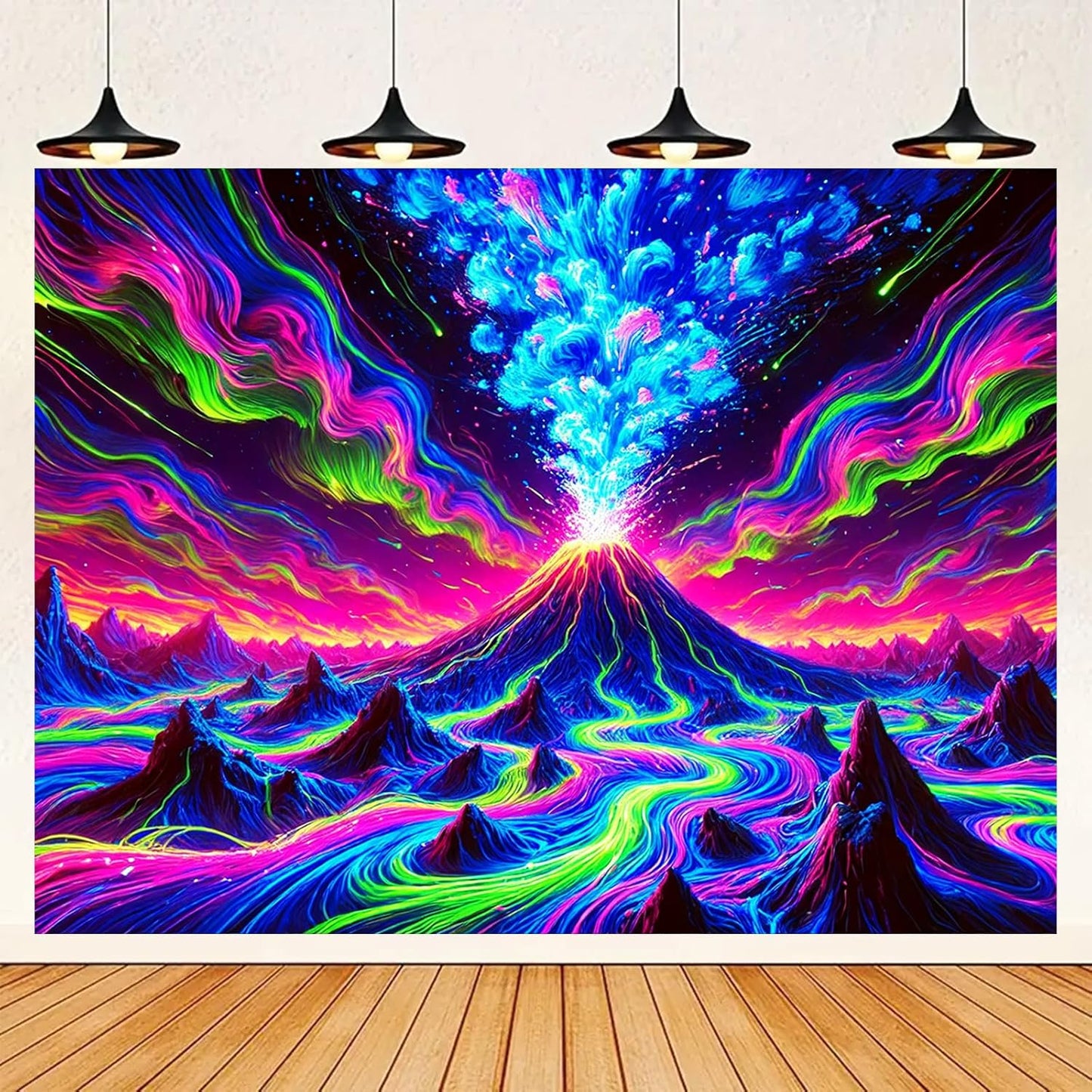 BlissYard Erupting Volcano Stream UV Black Light Tapestry 78x59 Inches Art Color Neon Light Background Bedroom Living Room Wall Party Decoration Psychedelic Lava Mountain Sky Flow Fantasy Scene
