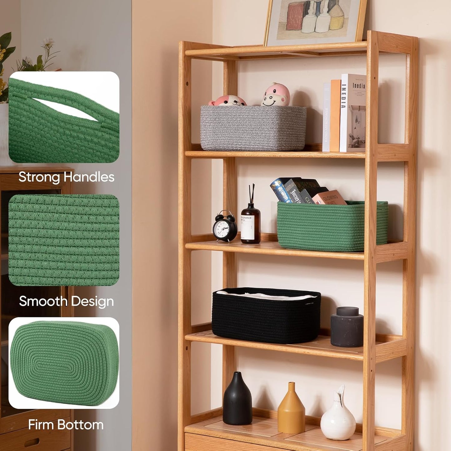 OIAHOMY 4 Pack 14.17*11.02*6.3IN Storage Baskets for Organizing Shelves, Woven Rope Baskets for Organizing Books, Clothes, Decorative Basket for Living Room, Nursery, Bedroom, Gift Basket, Green