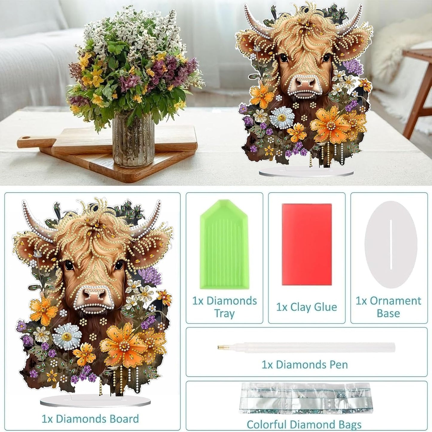 Diamond Painting Kits for Adults Beginners, 5D Full Drill Highland Cattle Crystal Art Desktop Ornament, DIY Single Sided Home Office Desk Decor, Creative Craft Gift Set with Tools