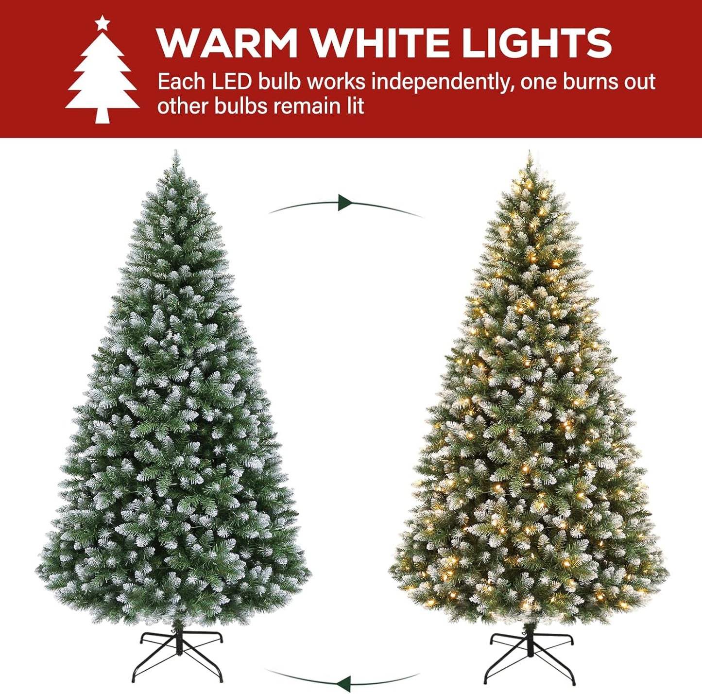 Hykolity 7.5 ft Prelit Christmas Tree, Artificial Christmas Tree with 350 Warm White Lights, 1446 Branch Tips, Metal Stand and Hinged Branches