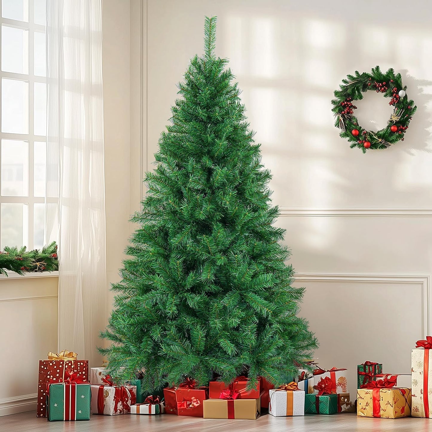 6 ft Artificial Christmas Tree with 700 PVC Branch Tips, Holiday Xmas Tree with Foldable Metal Base and Easy Assembly, Christmas Trees for Yard Porch Home Office Party Decoration, Green