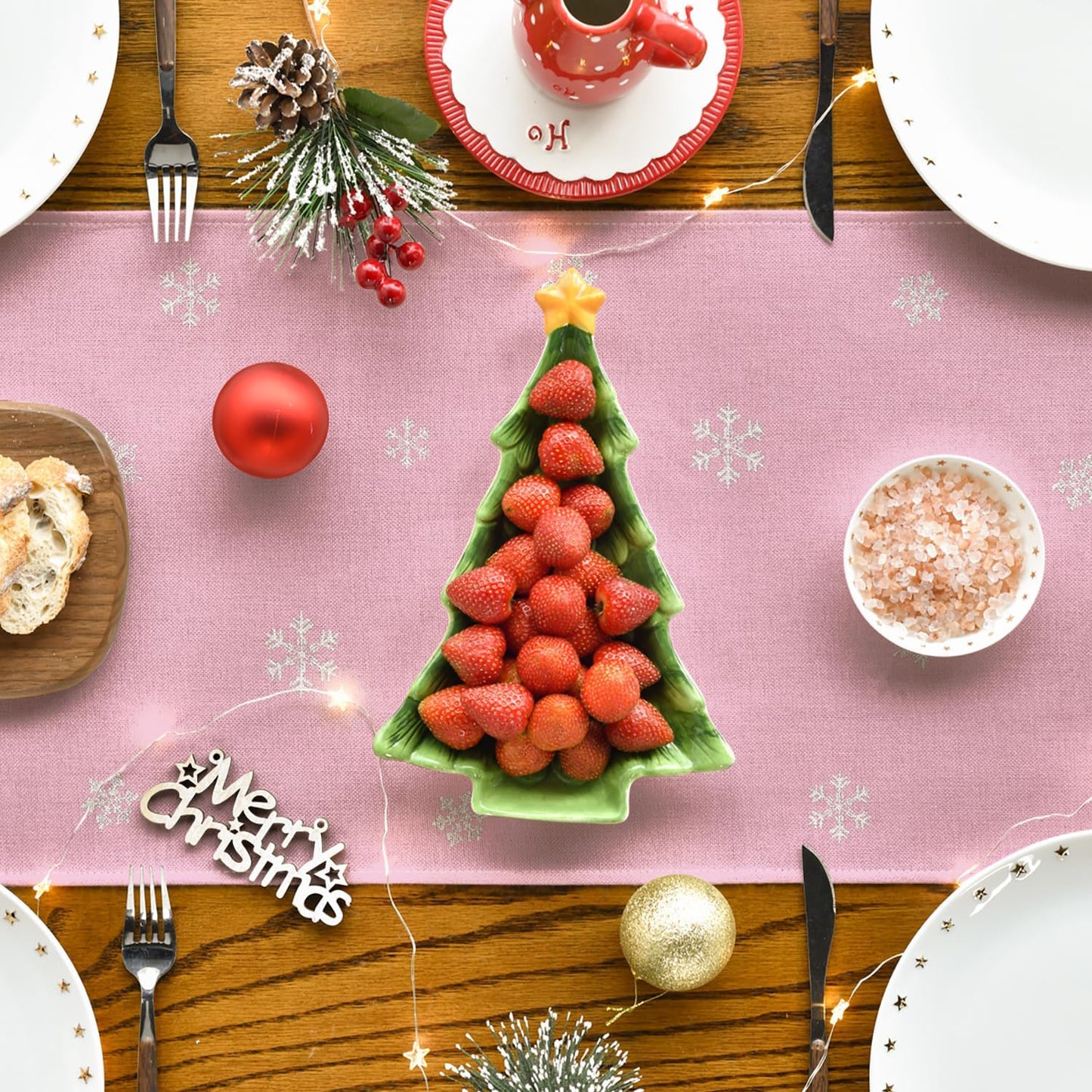 Artoid Mode Xmas Trees Snowflakes Pink Merry Christmas Table Runner, Winter Seasonal Kitchen Dining Table Decoration for Home Party Decor 13x108 Inch