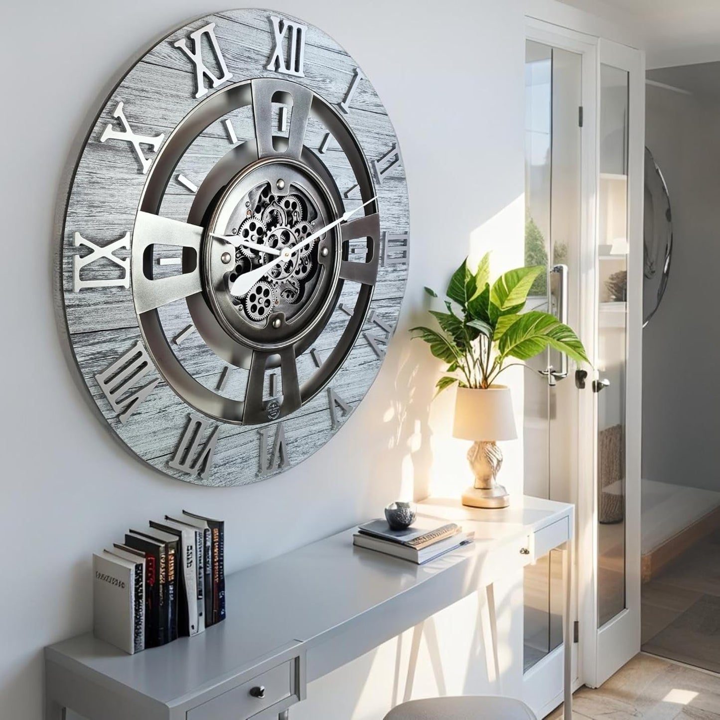 The Gears Clock Real Moving Gear Wall Clock England Line (Silver Grey, 24 inches (60 cm))