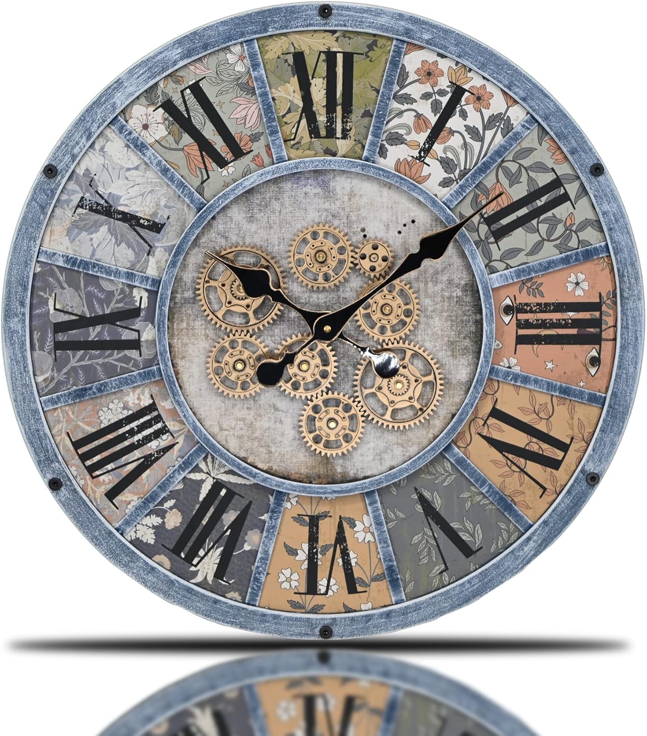 Unique Moving Gear Large Wall Clock - Battery Powered. Retro Industrial Steampunk Country Farmhouse Decor for The Living Room Kitchen Bars cafes and Offices (Blue/Metal/Round)