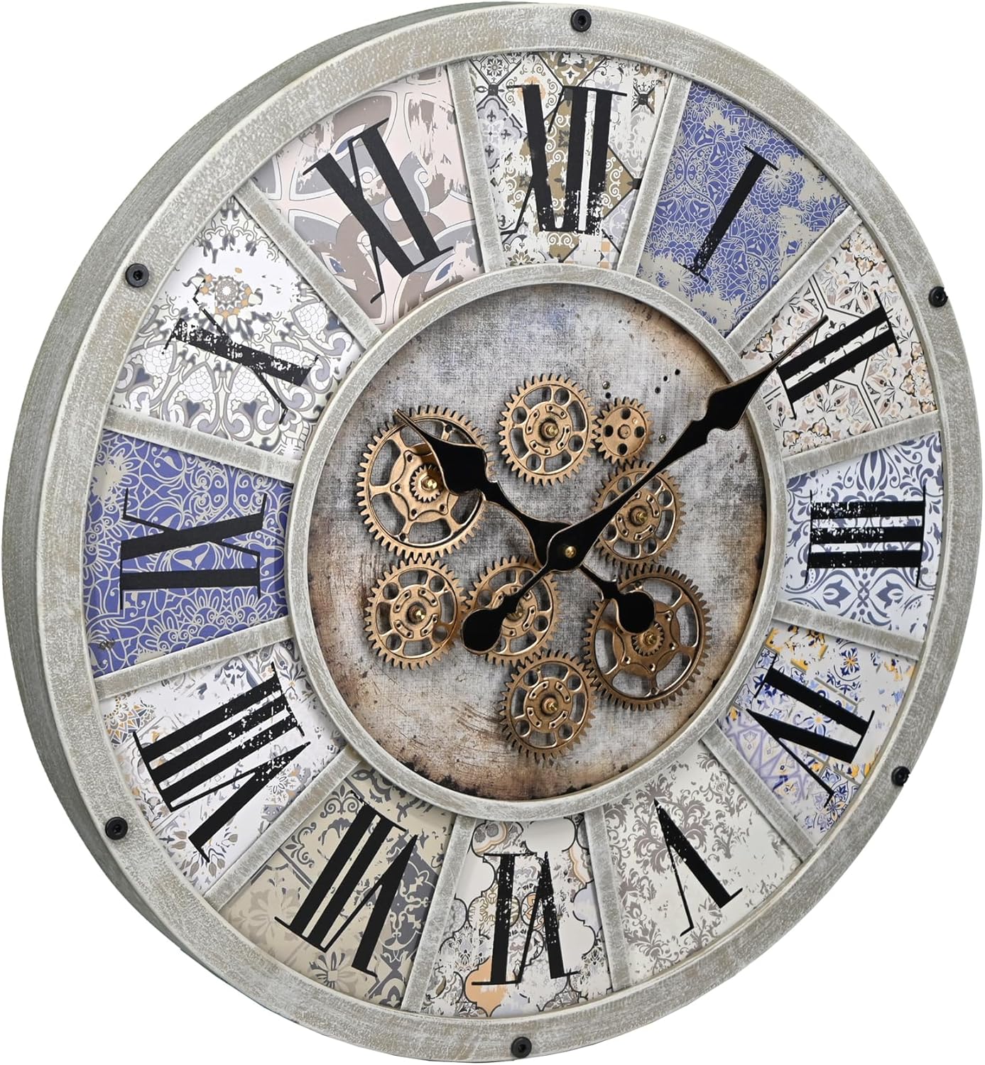 Unique Moving Gear Large Wall Clock 21inch-Battery Powered. Retro Industrial Steampunk Country Farmhouse Decor for The Living Room Kitchen Bars cafes Offices(whith/metal/21)