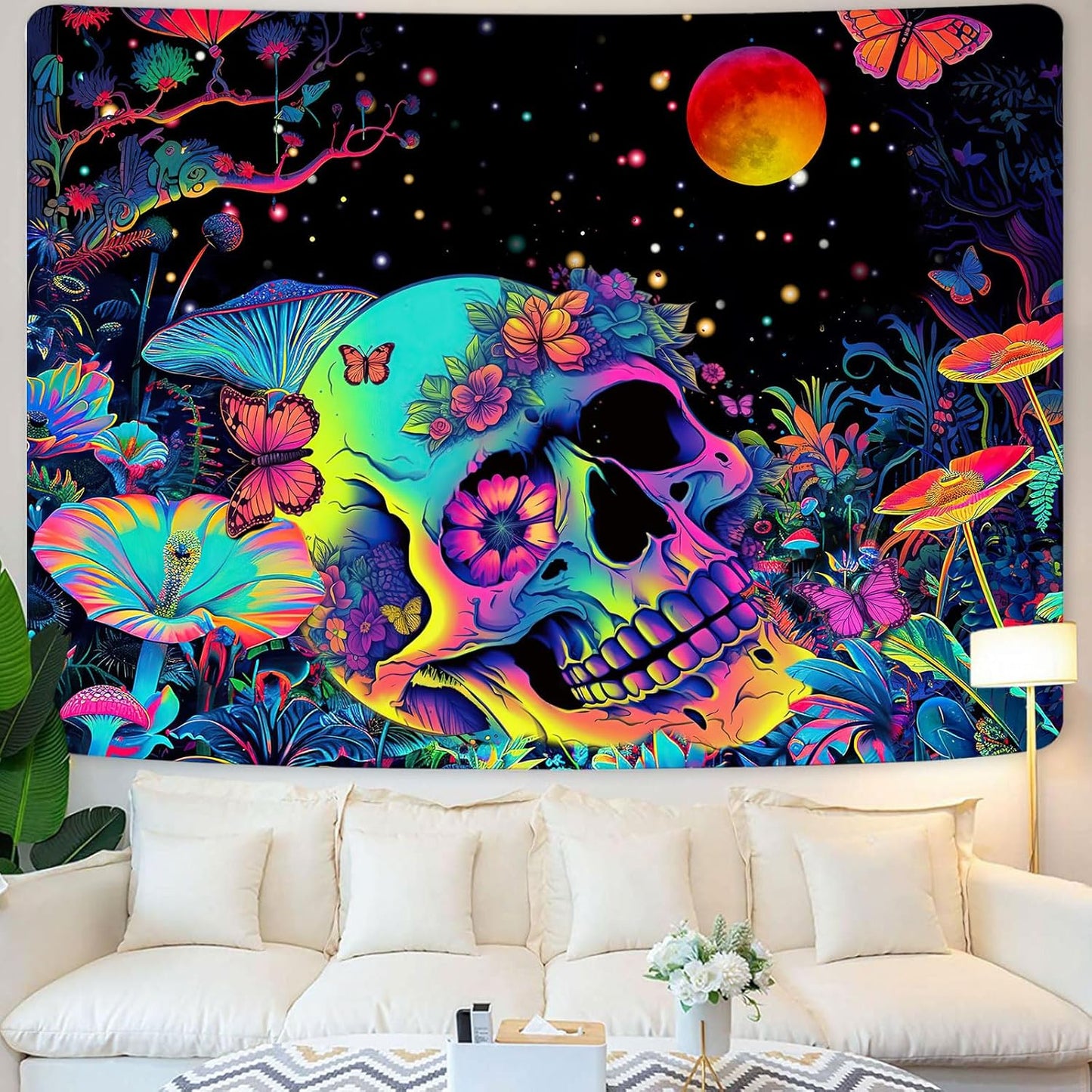 Xiaoput Skull Skeleton Tapestry for Bedroom, Glow in the Dark Black Light Poster, 60x40IN