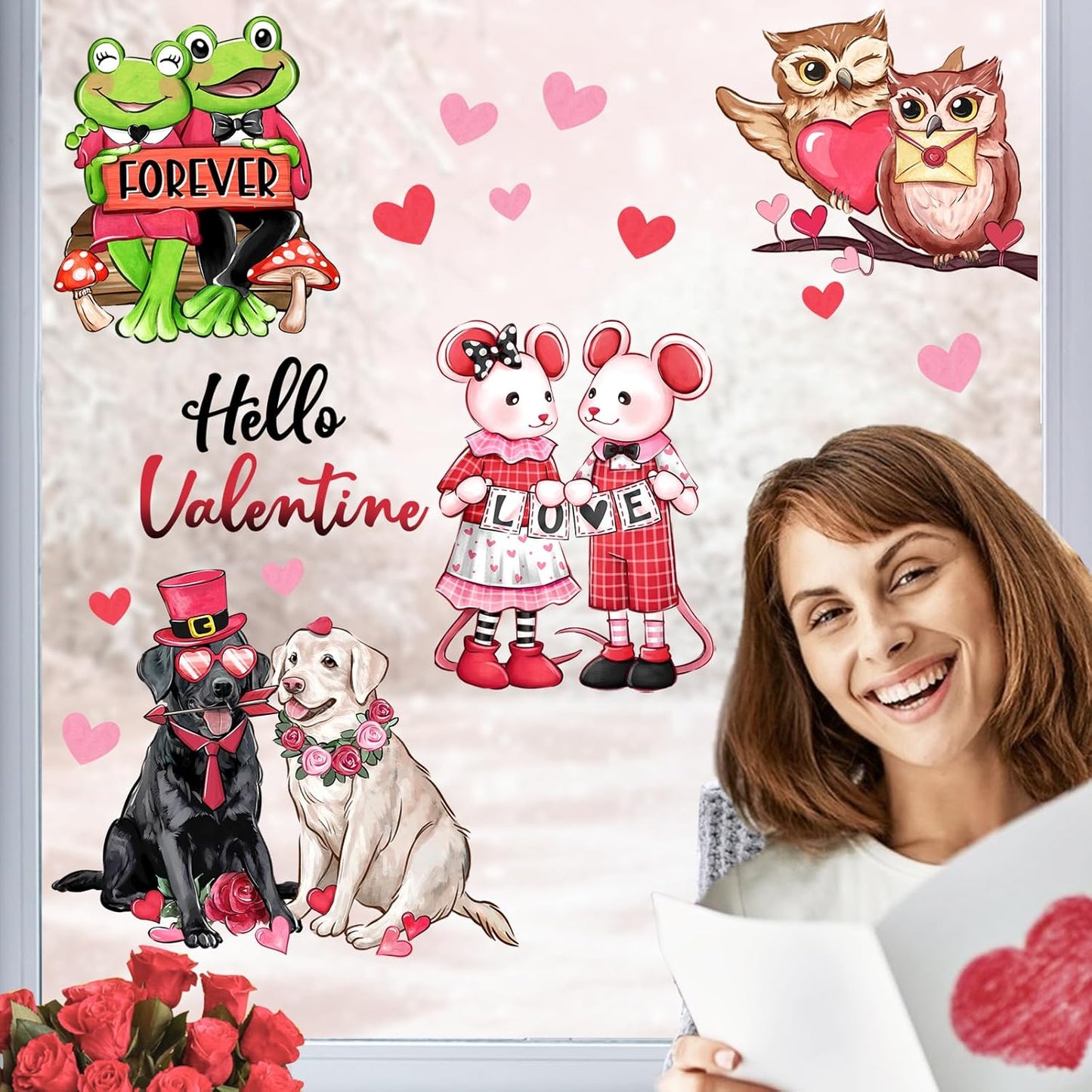 Mfault Valentines Day Animals Window Clings 4 Sheets, Hello Valentine Labrador Dog Frog Cartoon Mouse Owl Stickers Decals Decorations, Love Hearts Anniversary Wedding Home Kitchen Decor Party Supplies