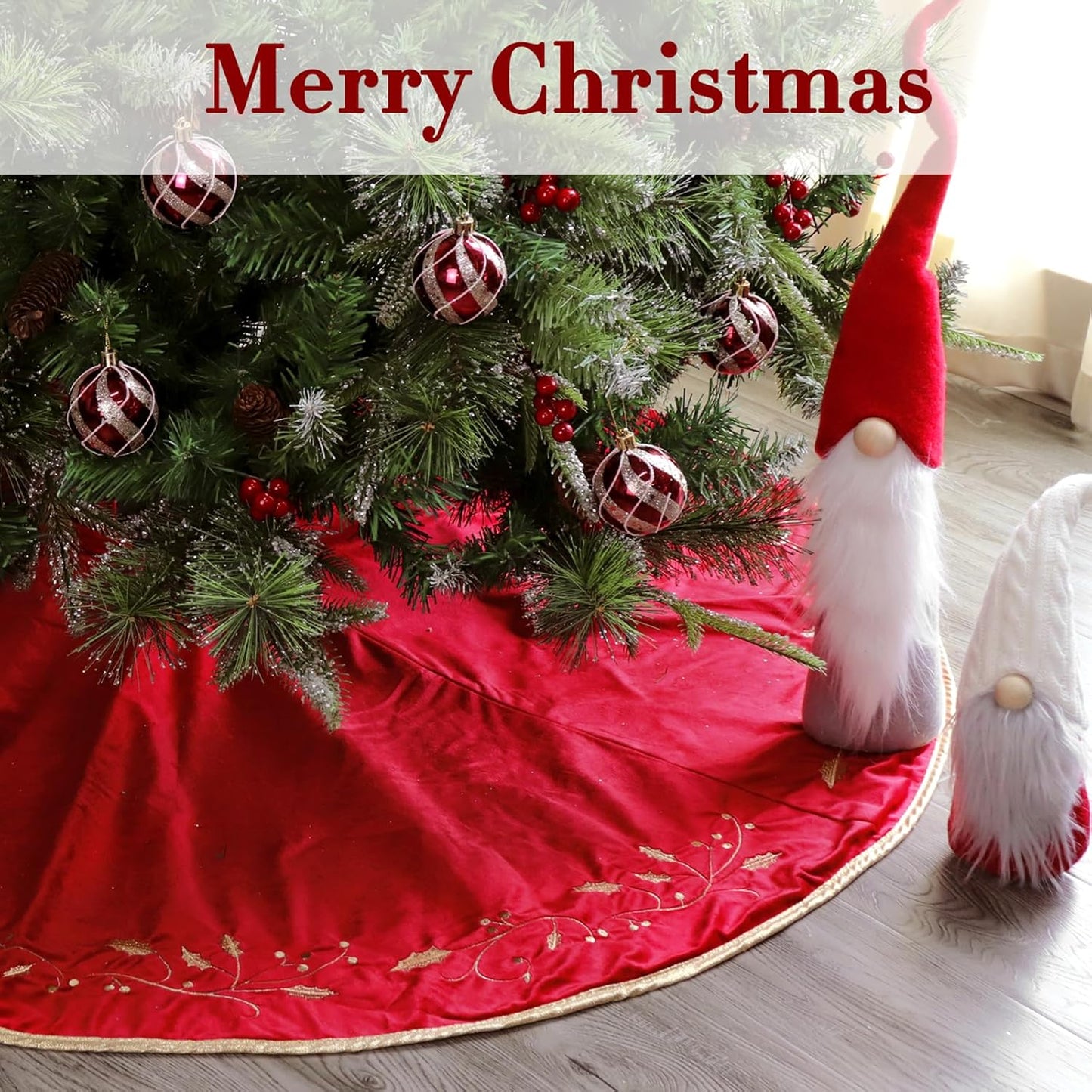 Christmas Tree Skirt, 48 inches Red Luxury Velvet Plush Fur Skirts with Gold Embroidered Holly Leaf for Rustic Xmas Tree Holiday Decorations