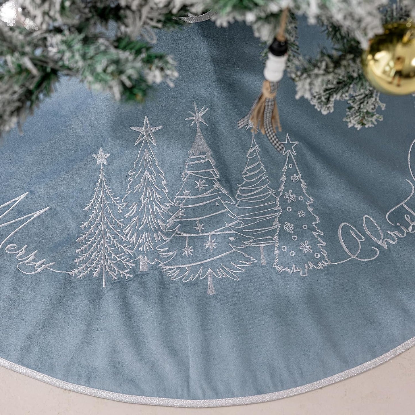 CROWNED BEAUTY Christmas Tree Skirt Blue Velvet Collar 50 Inch Embroidered Silver Pine Trees Soft Plush Fur Holiday Decoration (Blue) TS42-50
