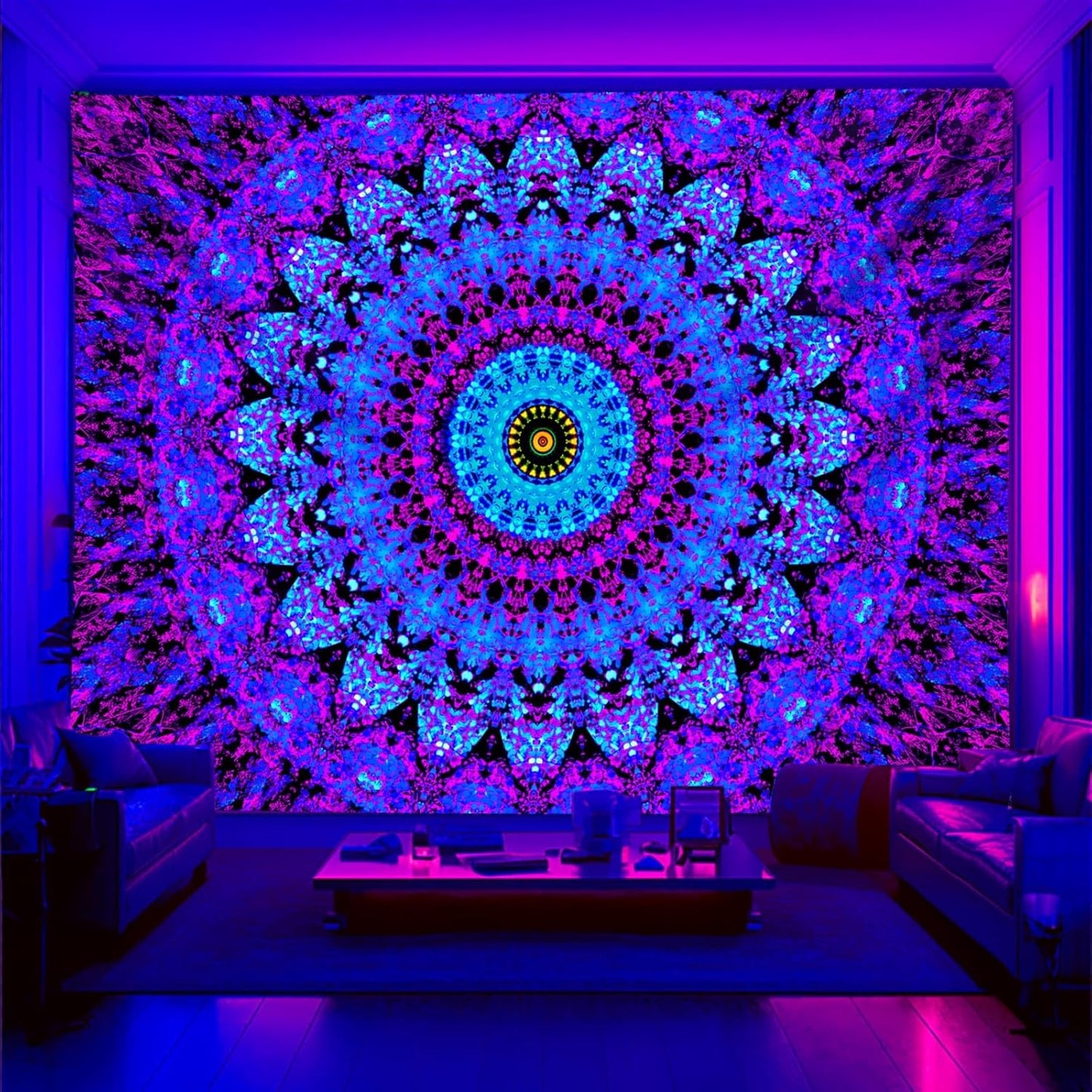 Blacklight Mandala Boho Tapestry, Black Light Bohemian Hippie Poster for Adults and Teens, UV Reactive Aesthetic Wall Art Decor for Bedroom (90 x 70 Inches)