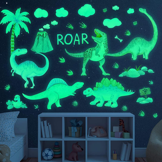 Dinosaur Wall Decals Glow in The Dark Dinosaur Wall Stickers Watercolor Dinosaur Decal Large Removable Vinyl Dino Wall Decals for Boys Bedroom Kids Girls Nursery Playroom Living Room Wall Decor Green