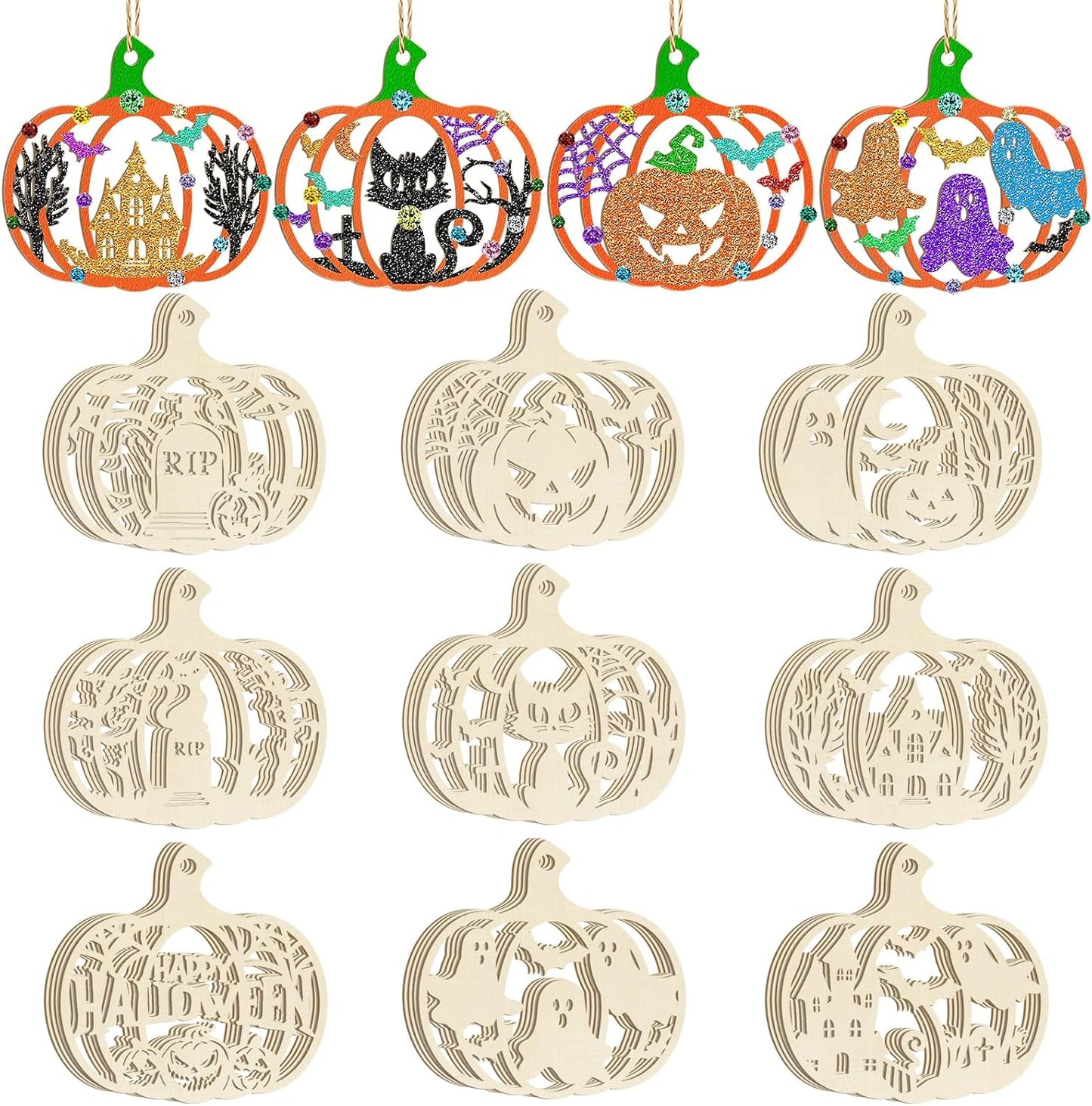 36PCS Wooden Pumpkins Ornaments to Paint Halloween Thanksgiving Decoration Cutouts Unfinished 3.5 inches, DIY Blank Unfinished Pumpkin Ornament for Home Harvest Crafts Hanging Autumn Decor（6Style）