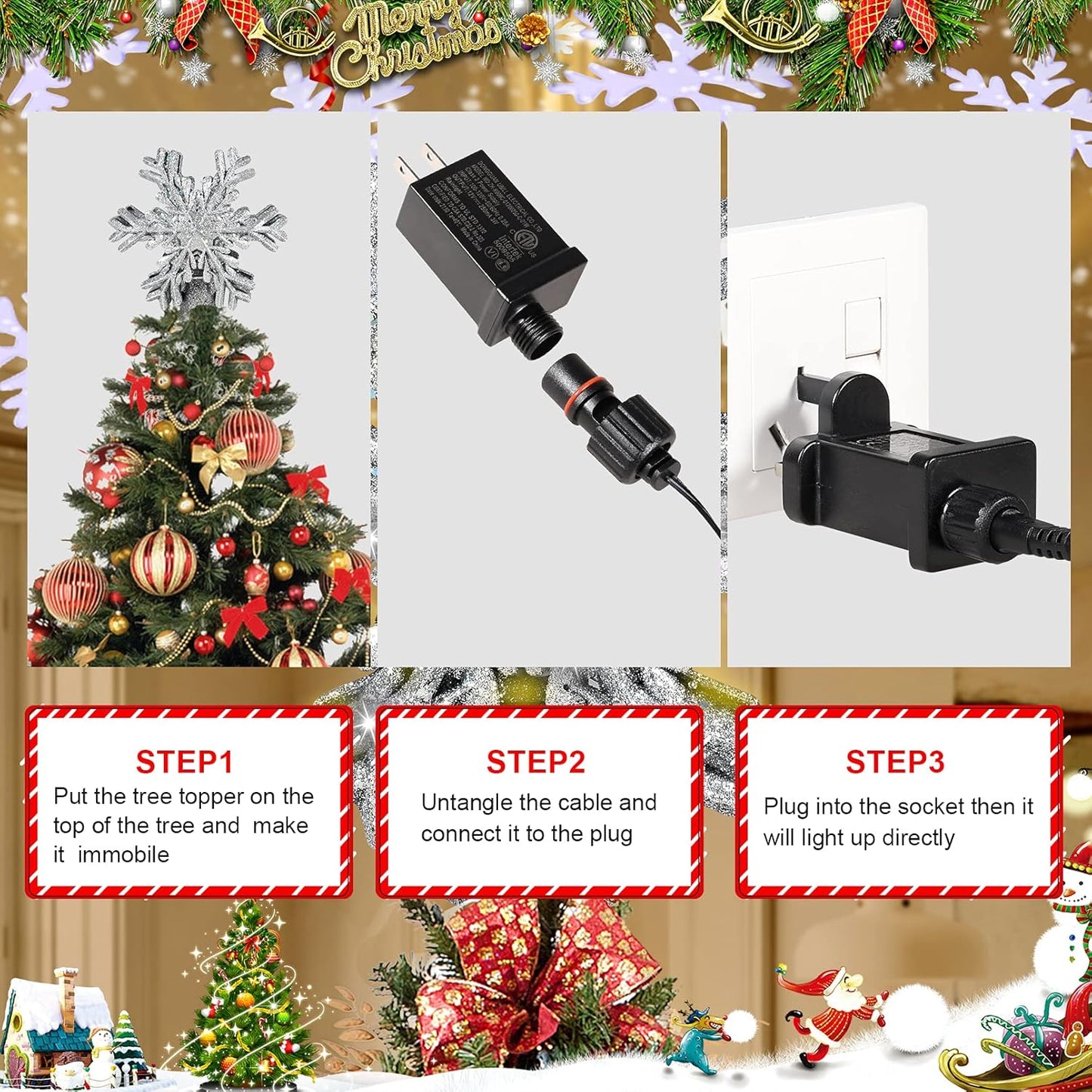 Christmas Tree Topper Lighted with Snowflake Projector, LED Rotating 3D Glitter Tree Topper for Christmas Tree, Christmas Decorations Lights (Silver)