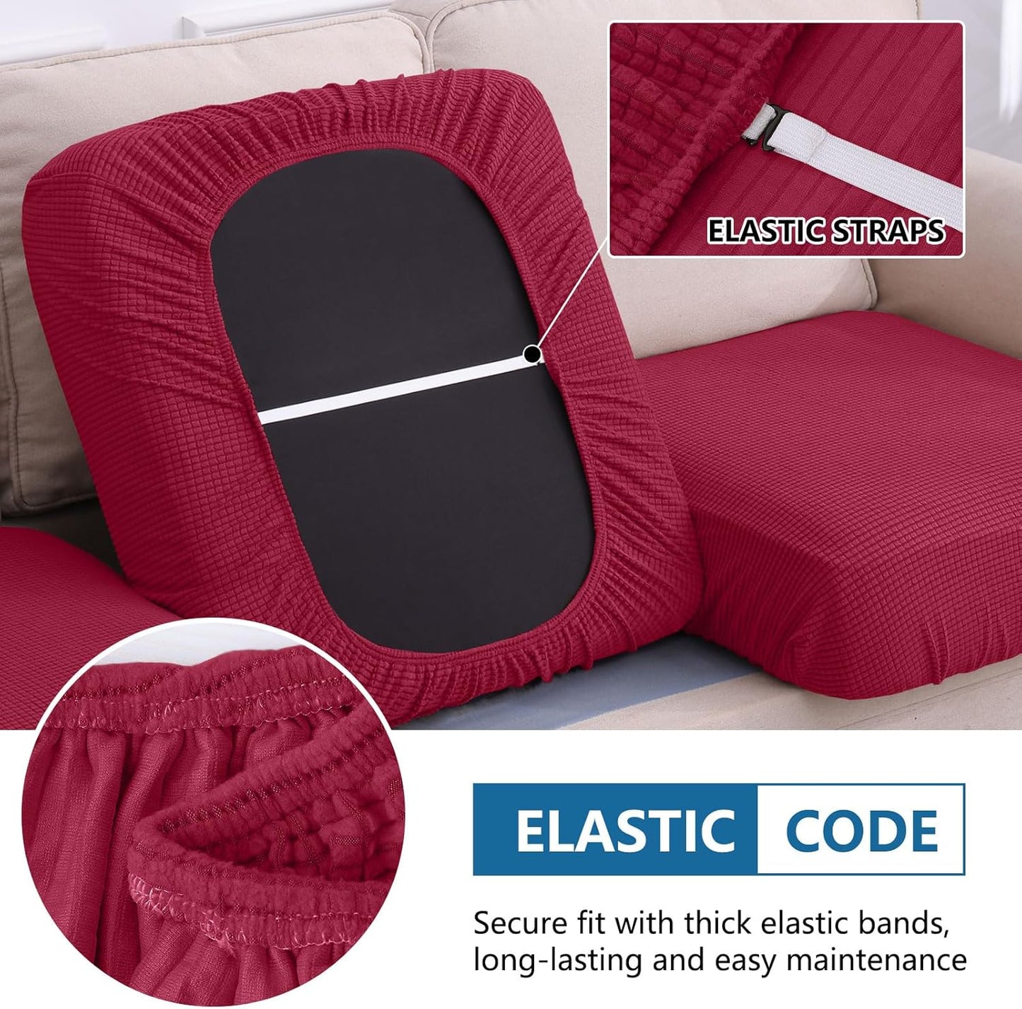 hyha Waterproof Sectional Couch Covers, Non Slip Sofa Couch Cushion Covers L Shape, Thick Stretch Jacquard Fabric, Washable Sofa Slipcovers with Elastic Bottom (1 Piece for Chaise XL, Wine Red)