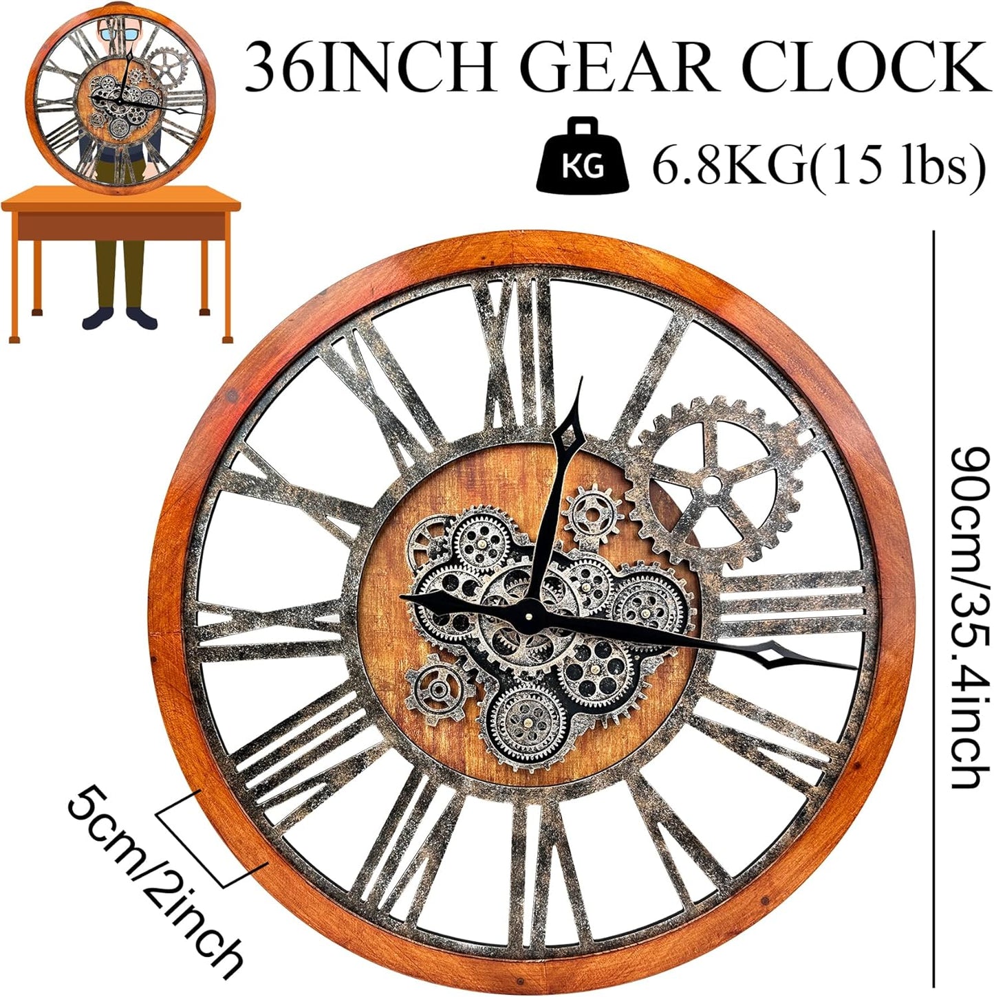 The B-Style 36" Large Moving Gear Wall Clock Oversized Vintage Farmhouse Wall Clocks for Living Room Decor Rustic Industrial Wood Clock (Brwon with Bronze Gears)